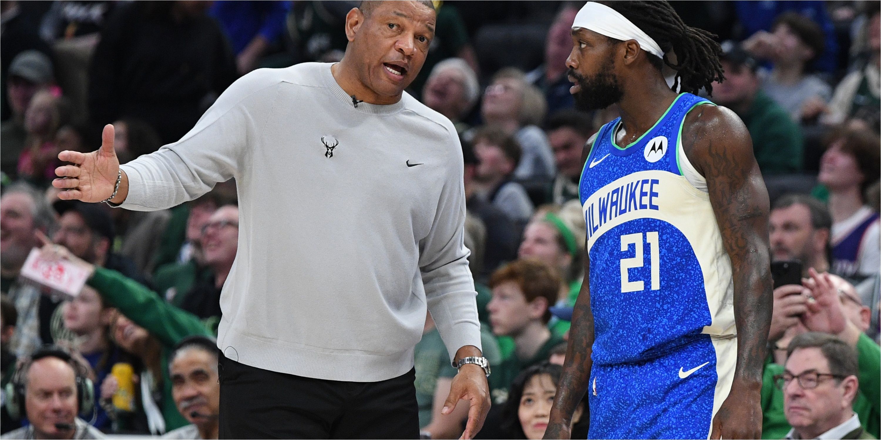 Milwaukee Bucks head coach Doc Rivers talks to Patrick Beverley