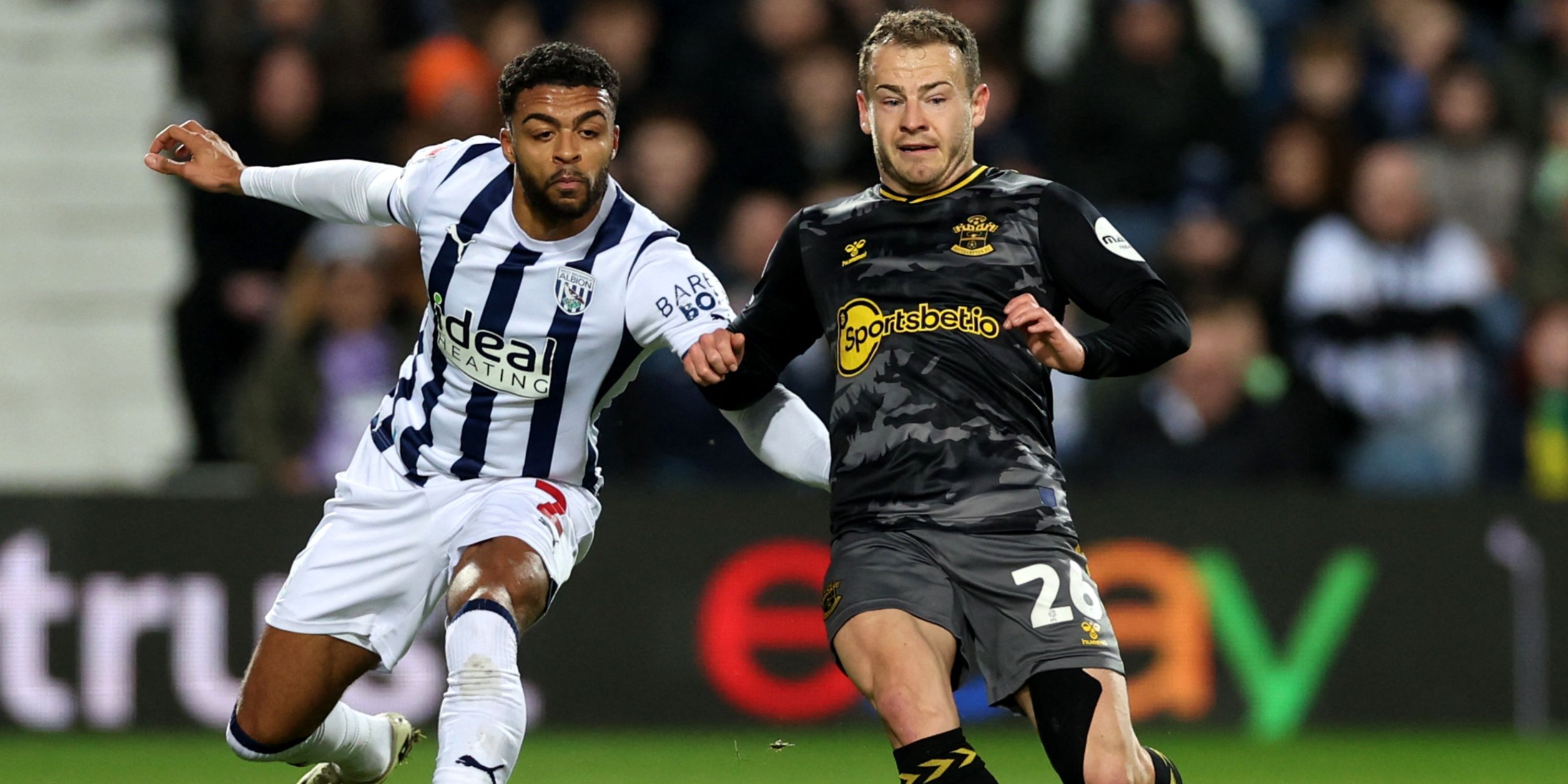 West Bromwich Albion right-back Darnell Furlong and Southampton winger Ryan Fraser battling for possession