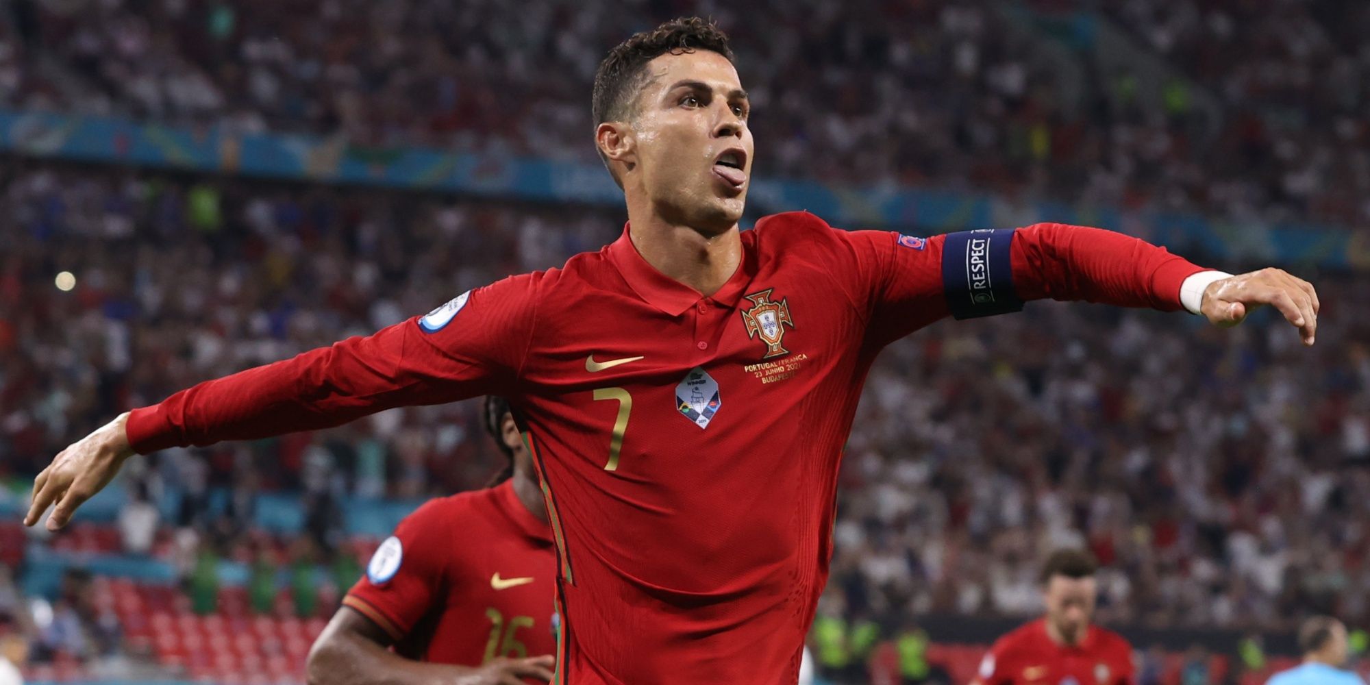 Cristiano Ronaldo, pictured here scoring for Portugal, scoring against the French team at Euro 2020.