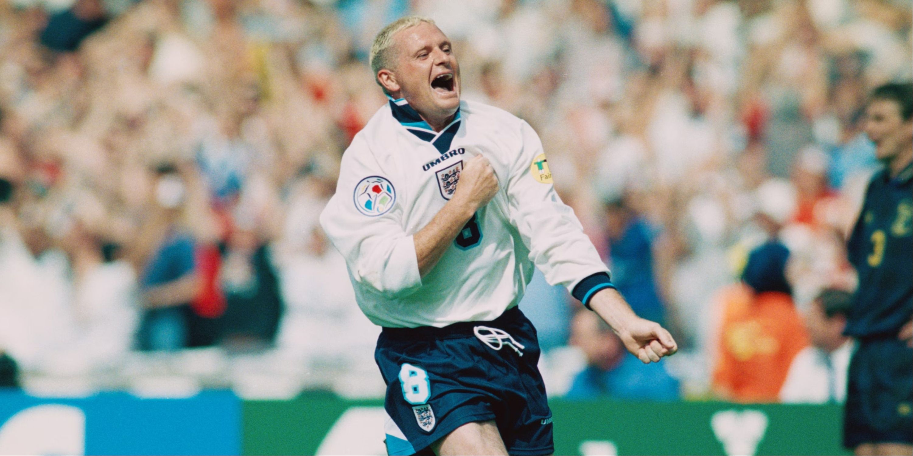 Paul Gascoigne celebrates for England