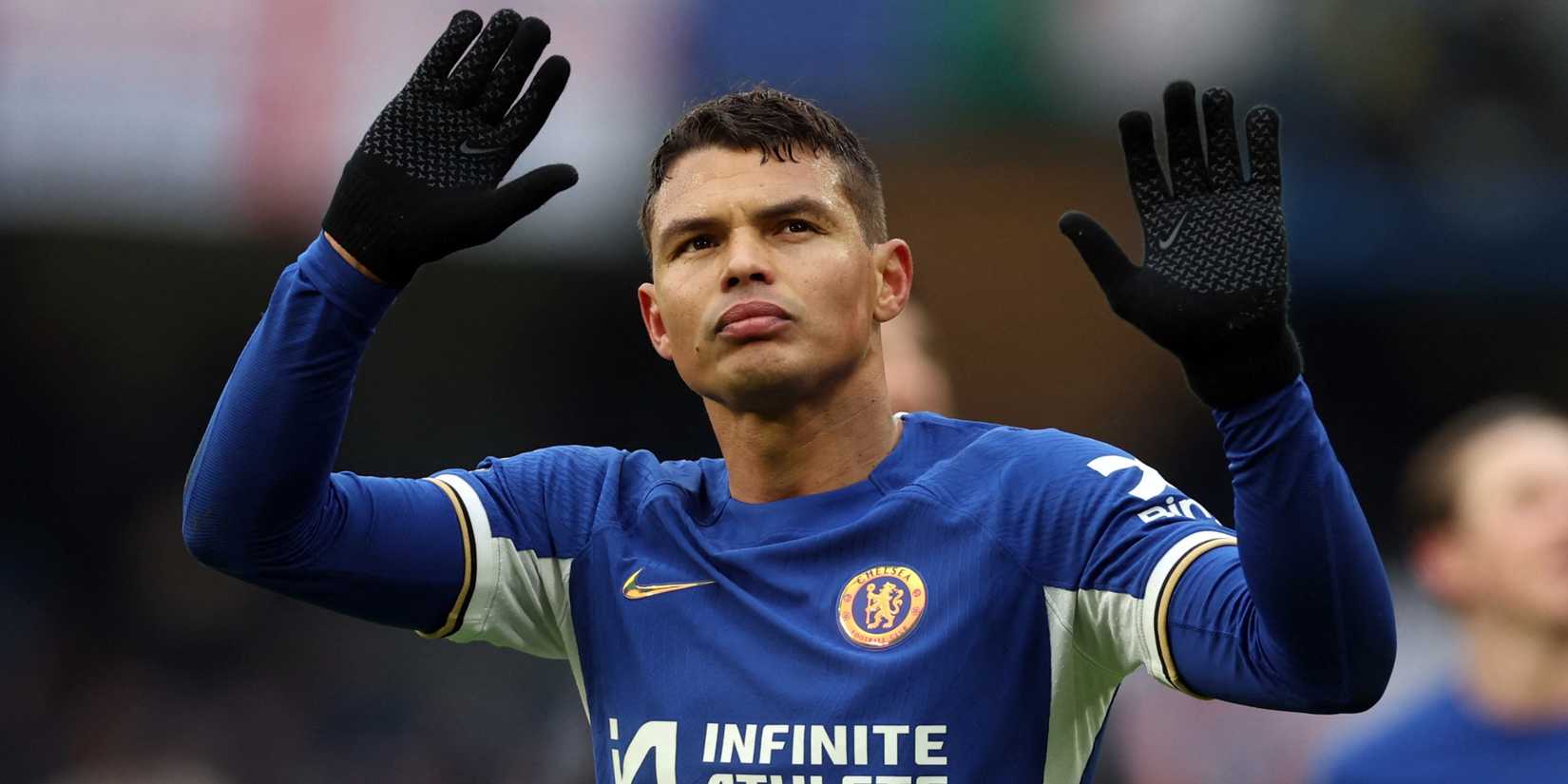 Chelsea defender Thiago Silva looking into the Stamford Bridge stands