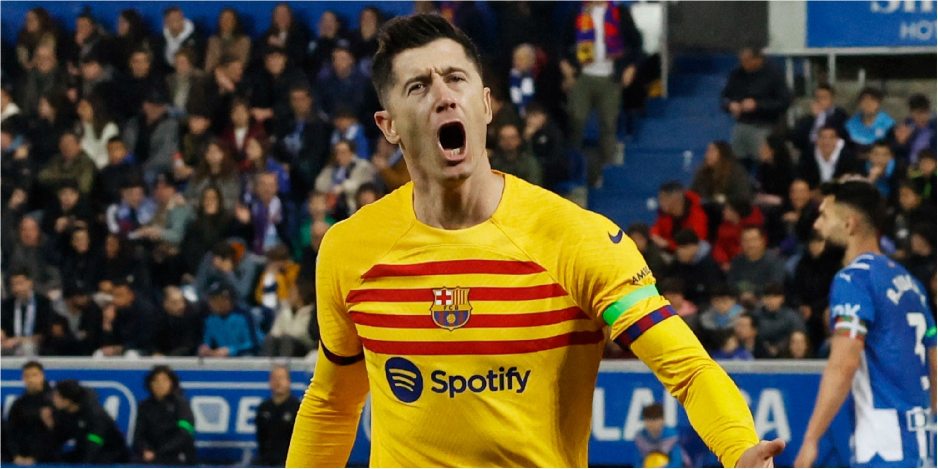 Robert Lewandowski celebrates scoring for Barcelona