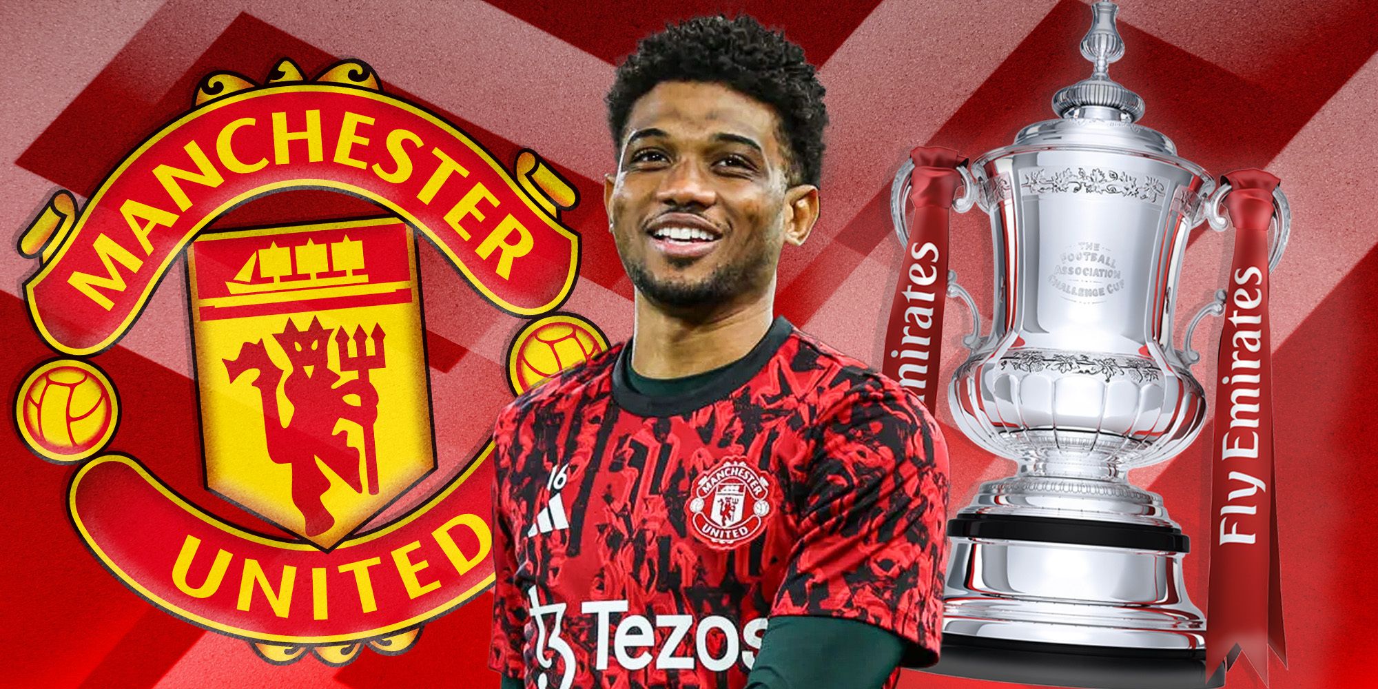 Amad Diallo happy with an FA Cup trophy in background and Man Utd badge