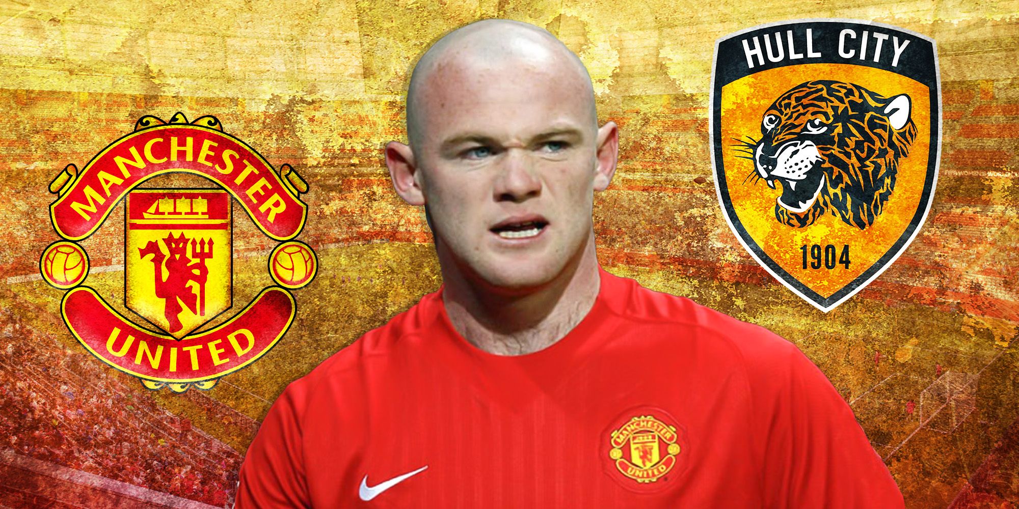 Wayne Rooney at Manchester United with Man United and Hull City logos