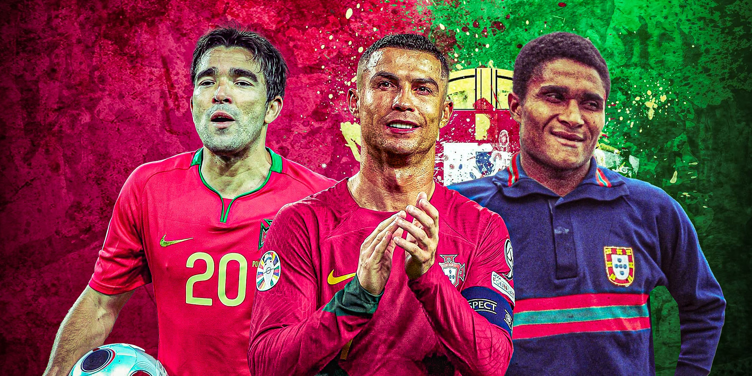 Cristiano Ronaldo in the middle with Eusebio and Deco on either side (all in Portugal kit) with Portugal theme background