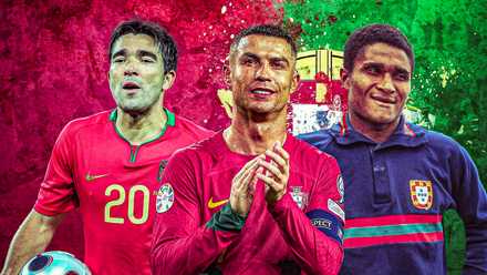 Cristiano Ronaldo in the middle with Eusebio and Deco on either side (all in Portugal kit) with Portugal theme background