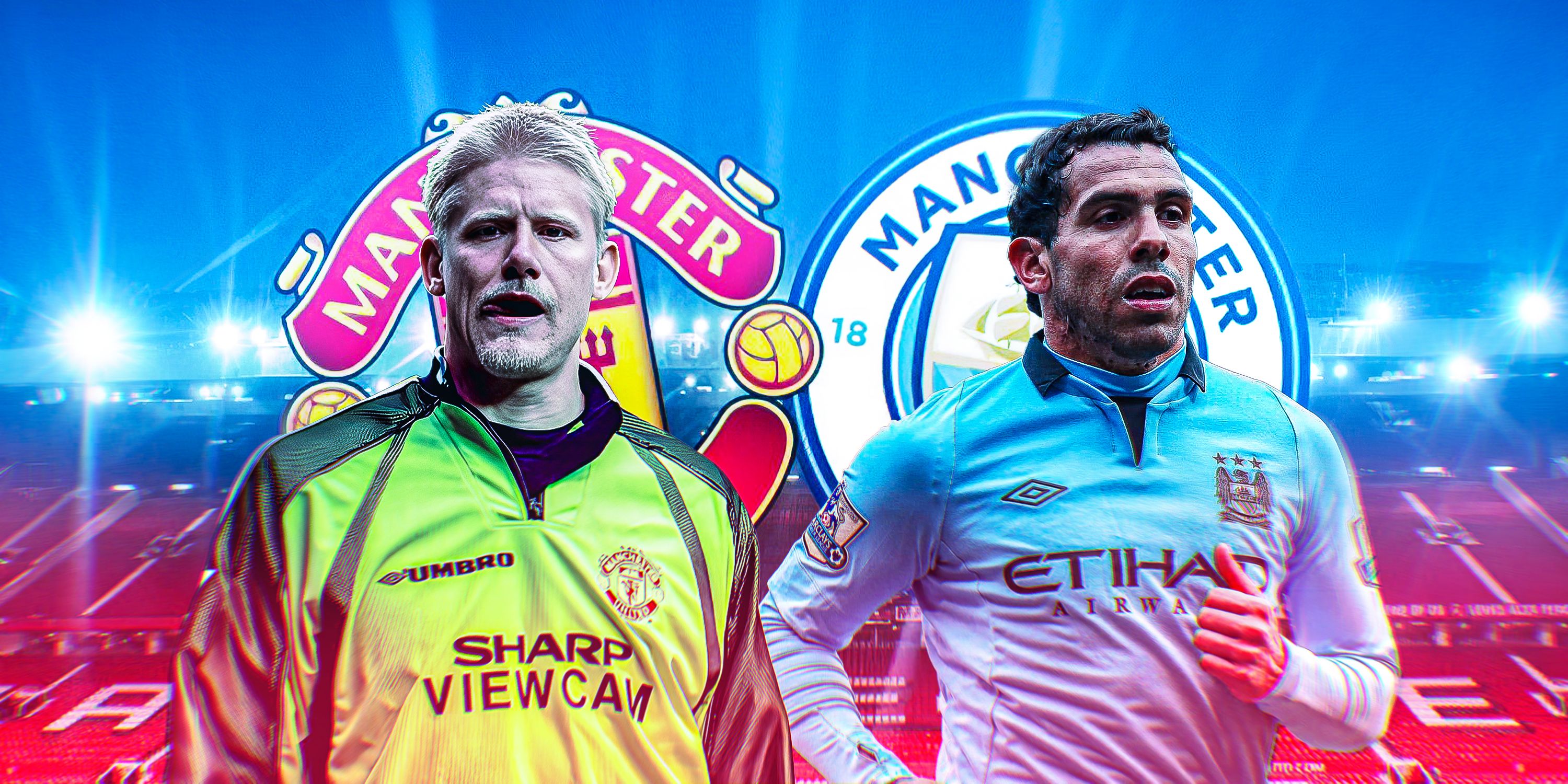 Manchester United's Peter Schmeichel and Manchester City's Carlos Tevez.