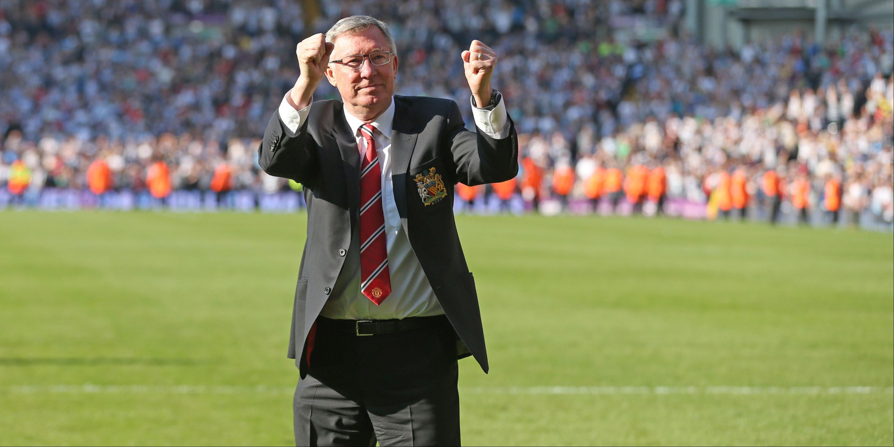 Manchester United manager Sir Alex Ferguson says goodbye to the travelling supporters.