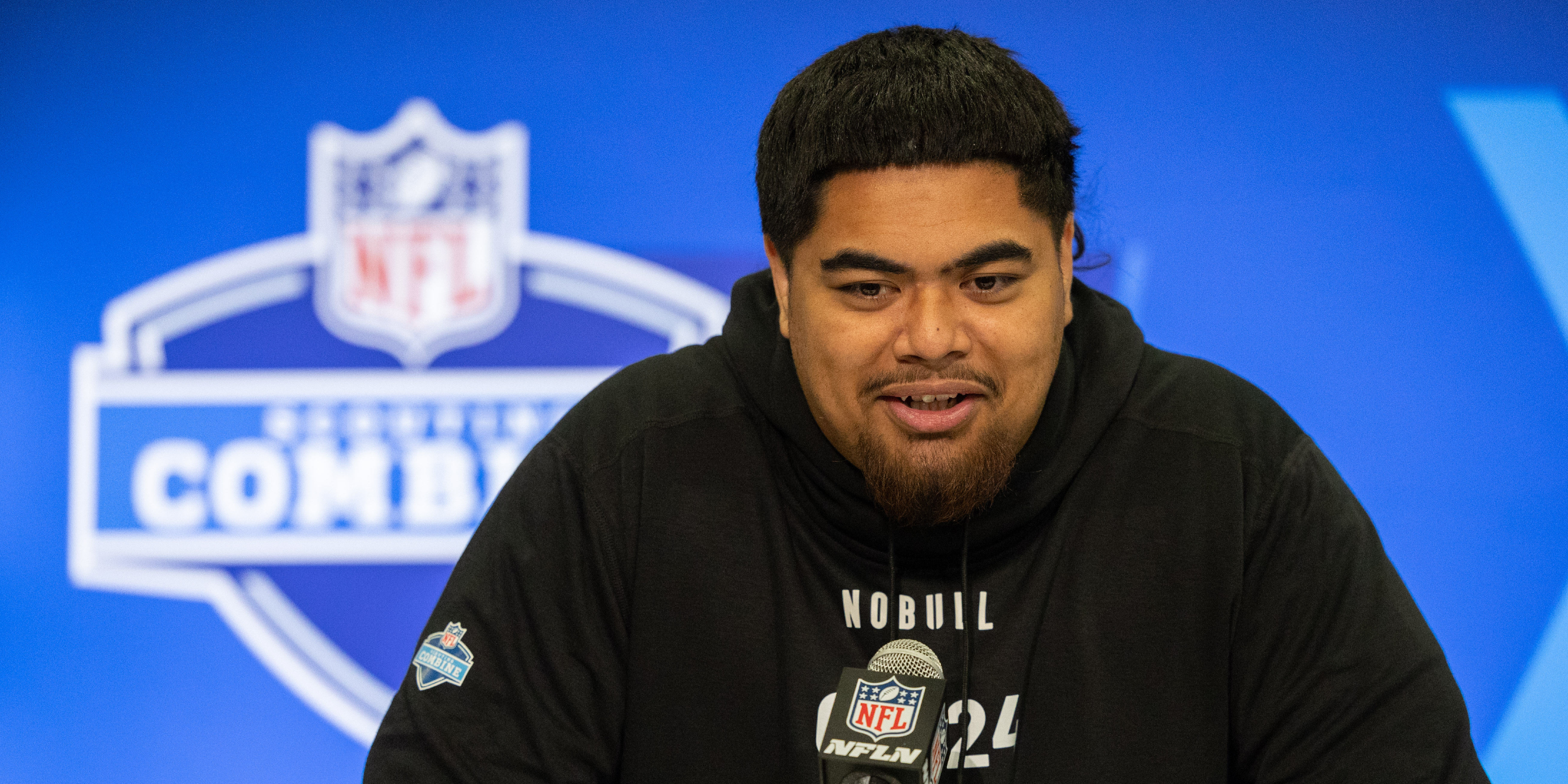 Oregon State OT Taliese Fuaga interviewing with Media at 2024 NFL Scouting Combine