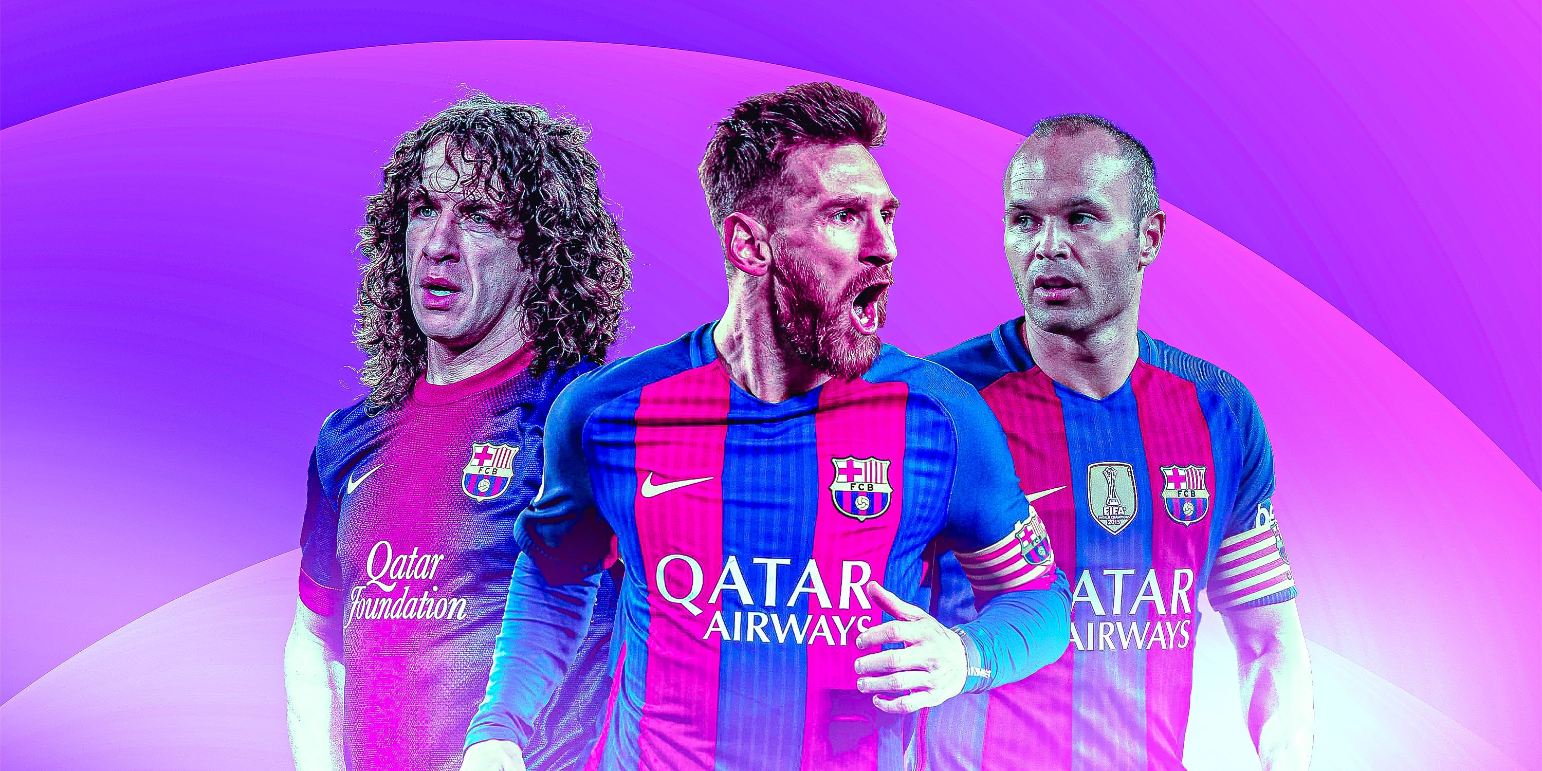 Carles Puyol, Lionel Messi, and Andres Iniesta of Barcelona.