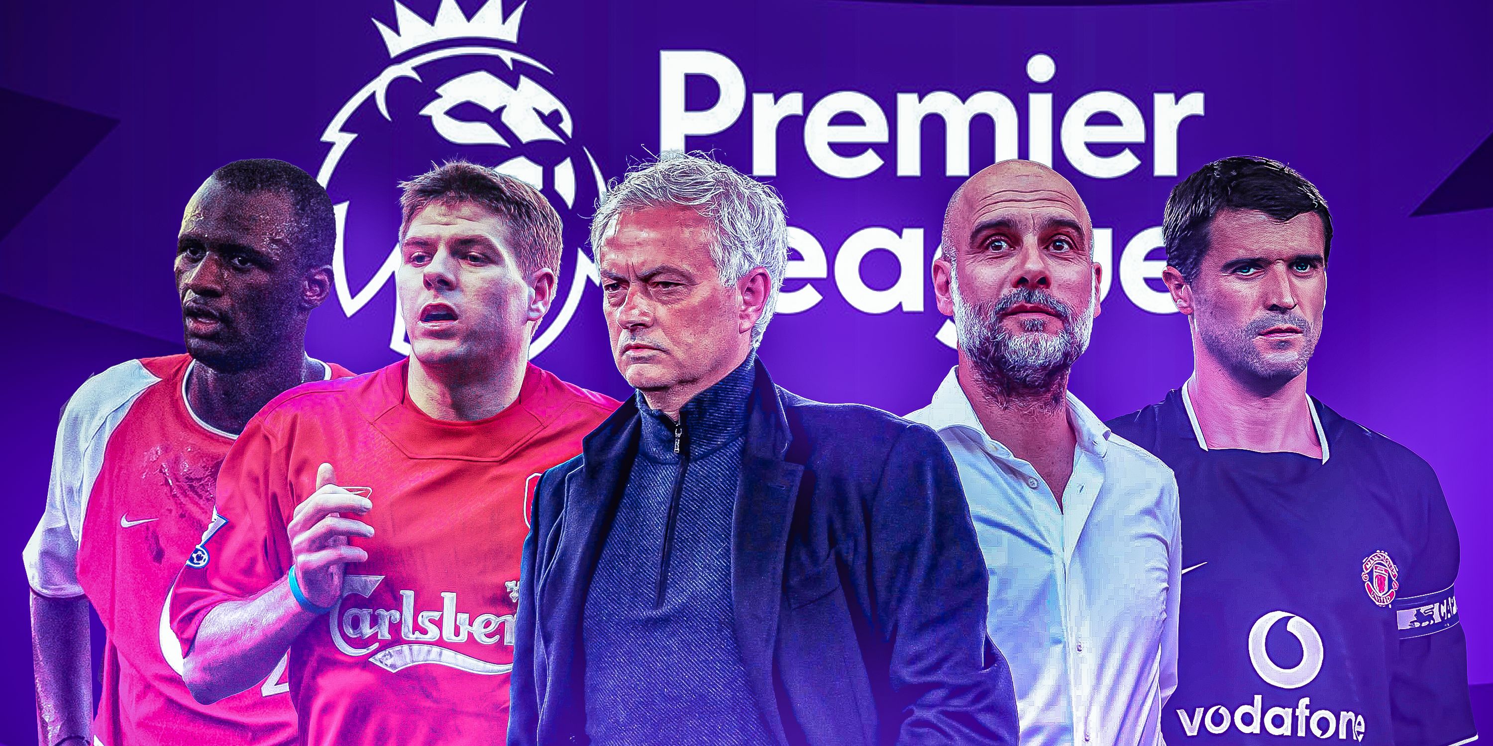Patrick Vieira, Roy Keane, Steven Gerrard, Pep Guardiola, Jose Mourinho - with Premier League logo in background 