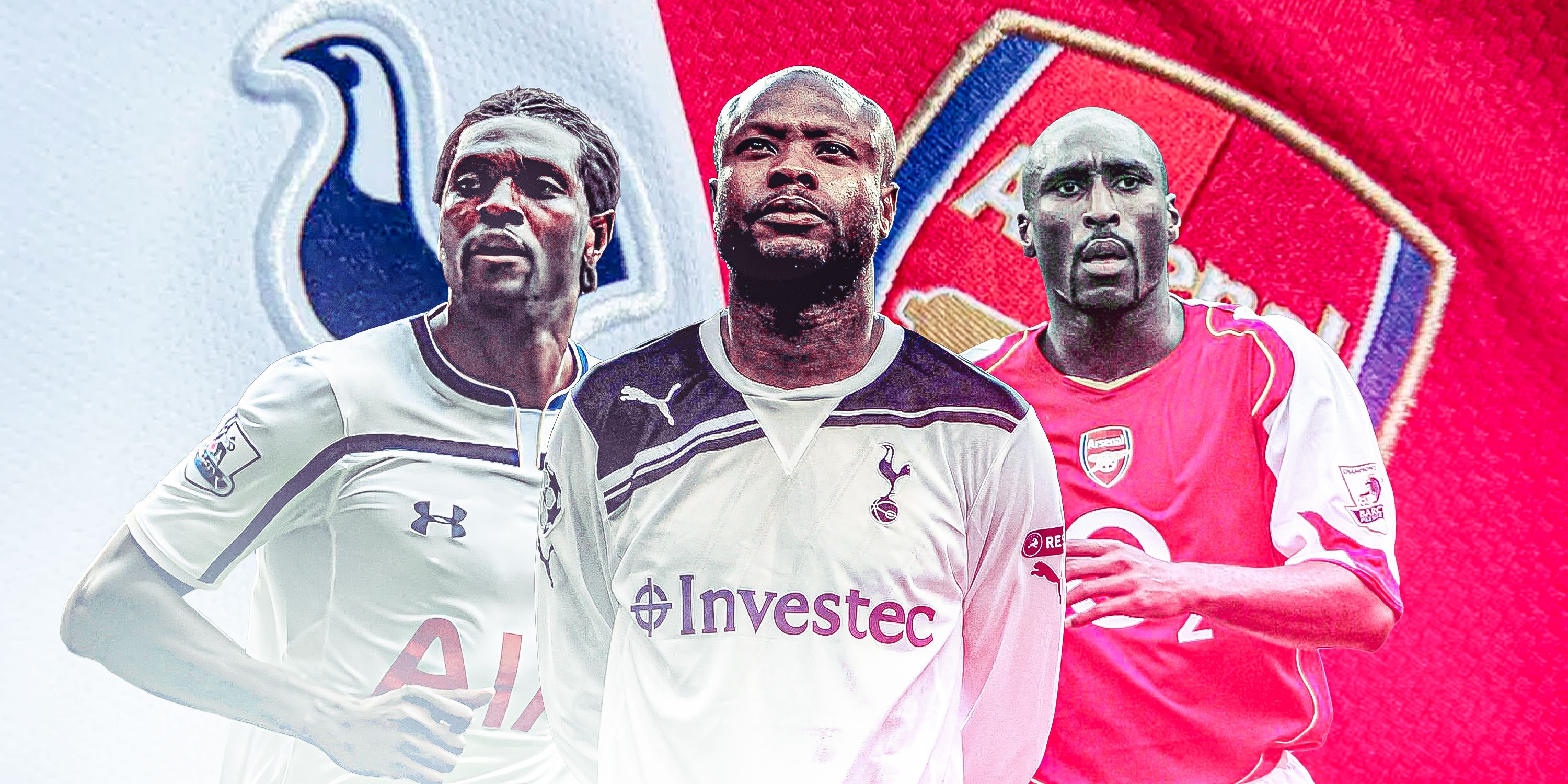 Adebayor, Gallas and Campbell in front of the Tottenham and Arsenal badges