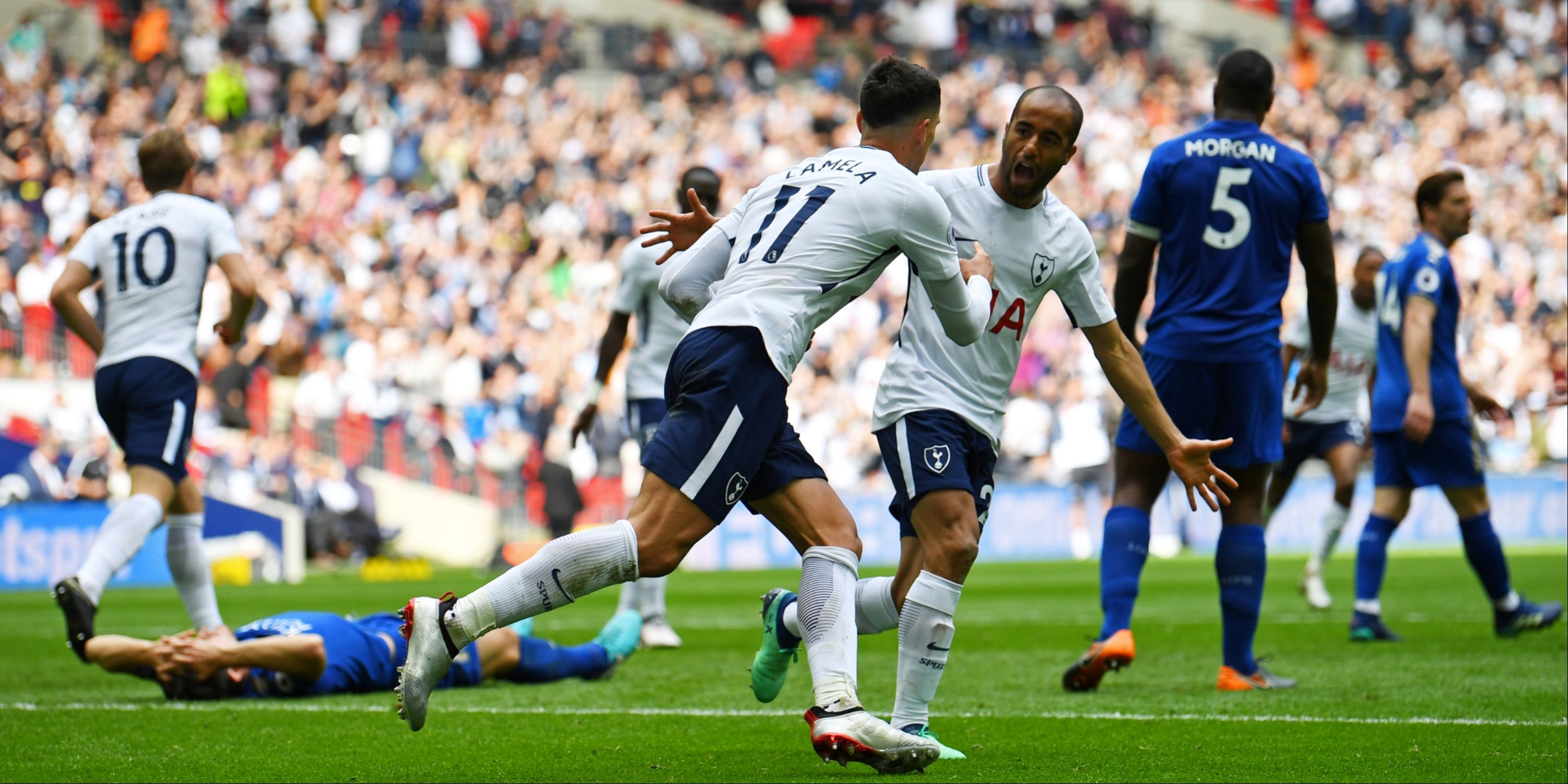 Tottenham's Lucas Moura and Erik Lamela celebrate scoring against Leicester City.