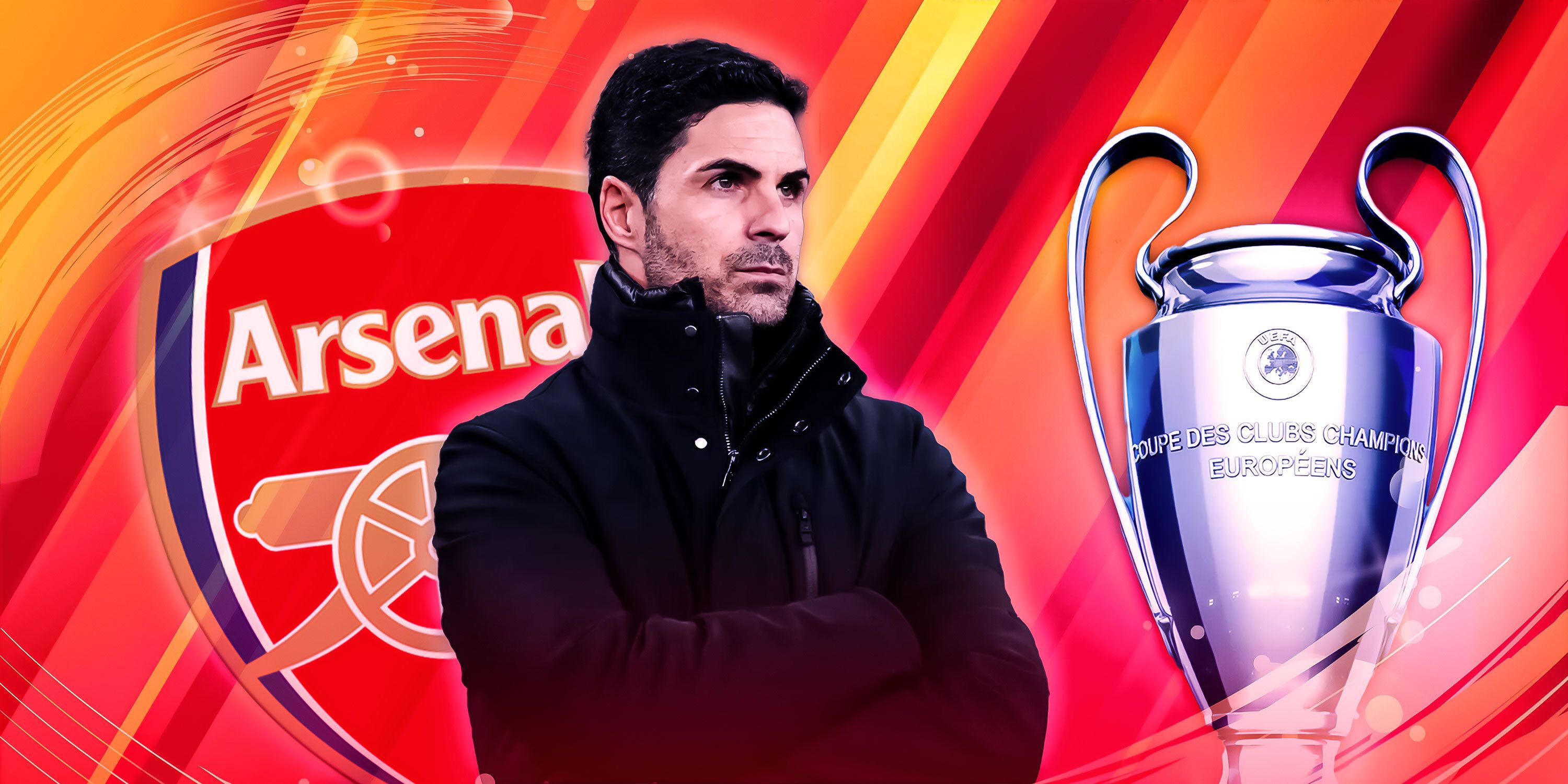 Mikel Arteta looking concerned with a Champions League trophy/theme background - and an Arsenal badge