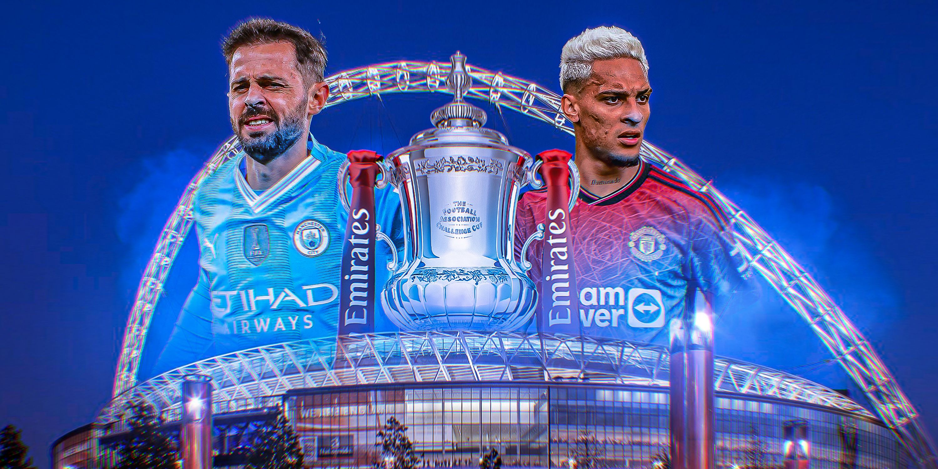 Manchester City's Bernardo Silva and Manchester United's Antony in between the FA Cup and Wembley Stadium.