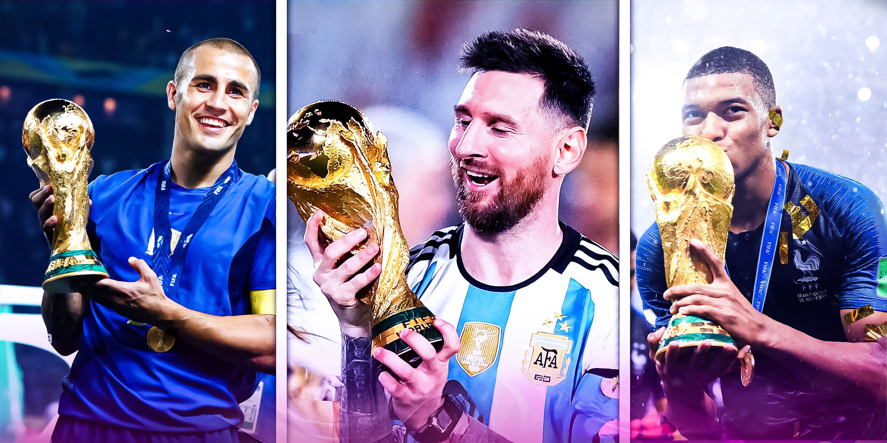 A composite image of Italy's Fabio Cannavaro, Argentina's Lionel Messi and France's Kylian Mbappe celebrating with the World Cup trophy