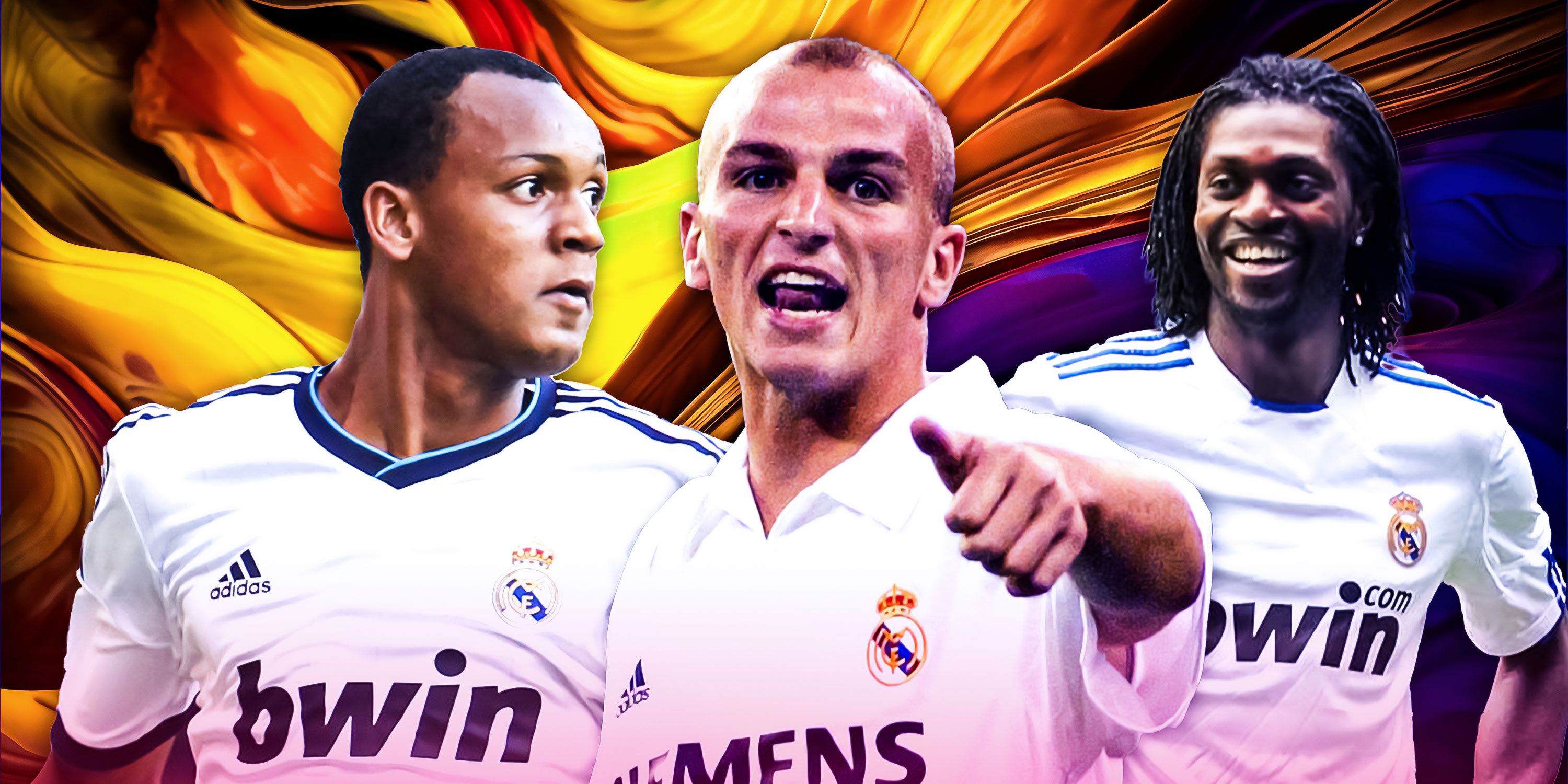 Fabinho, Esteban Cambiasso and Emmanuel Adebayor in action for Real Madrid