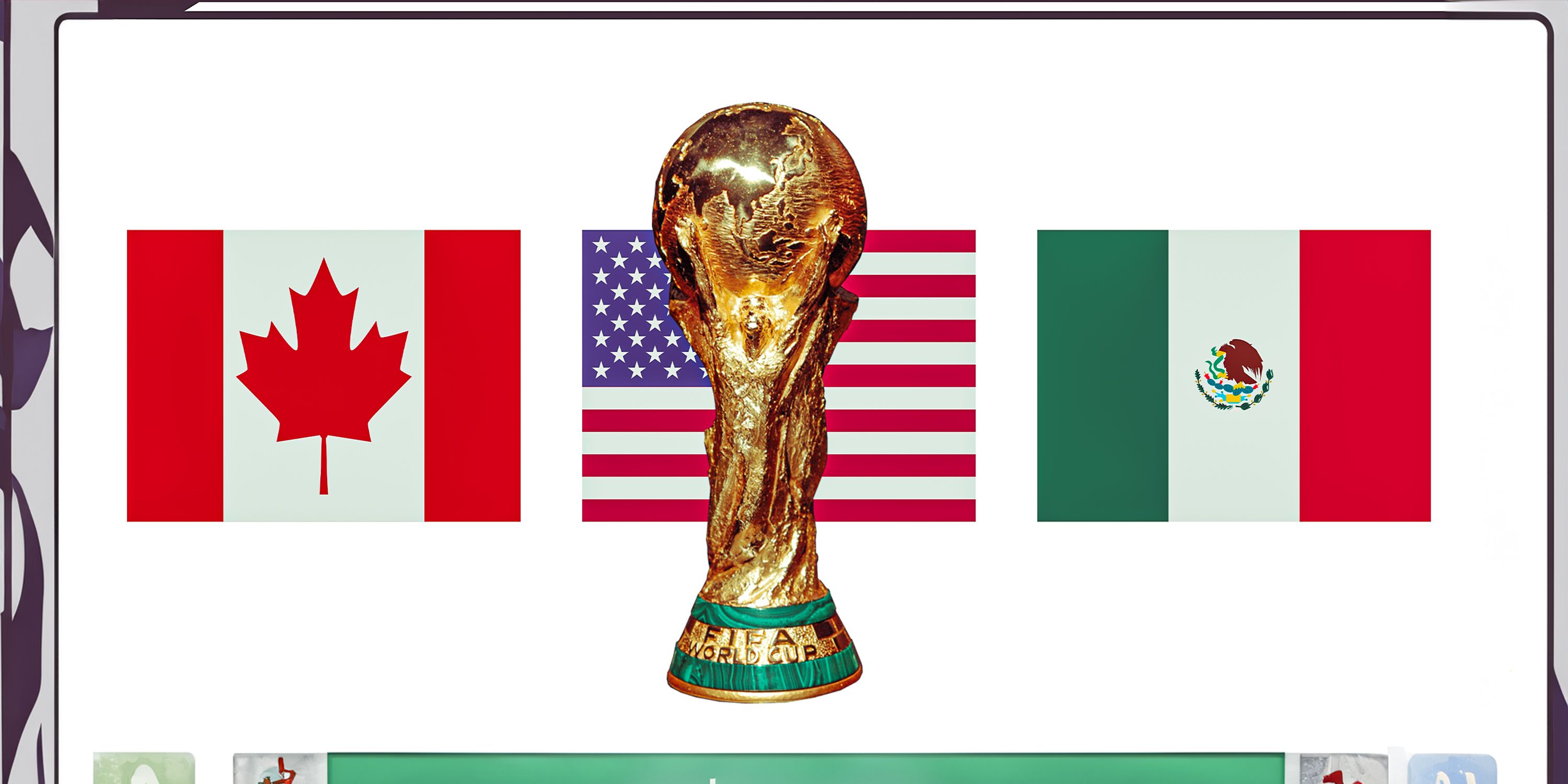 A custom image of the World Cup trophy in front of flags for the host nations at the 2026 tournament, Canada, USA and Mexico