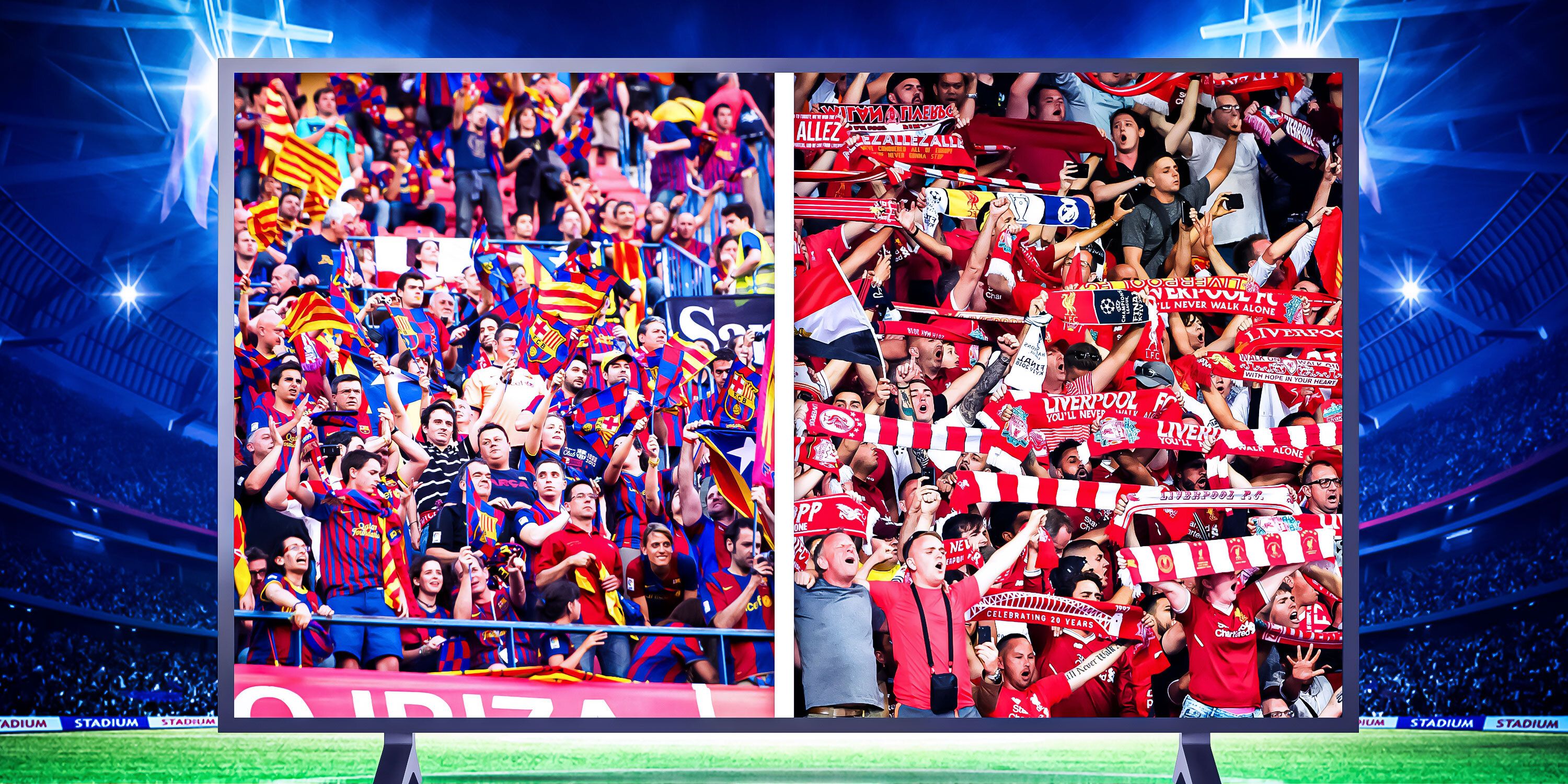 A custom image of Barcelona and Liverpool fans belting out their famous club anthems