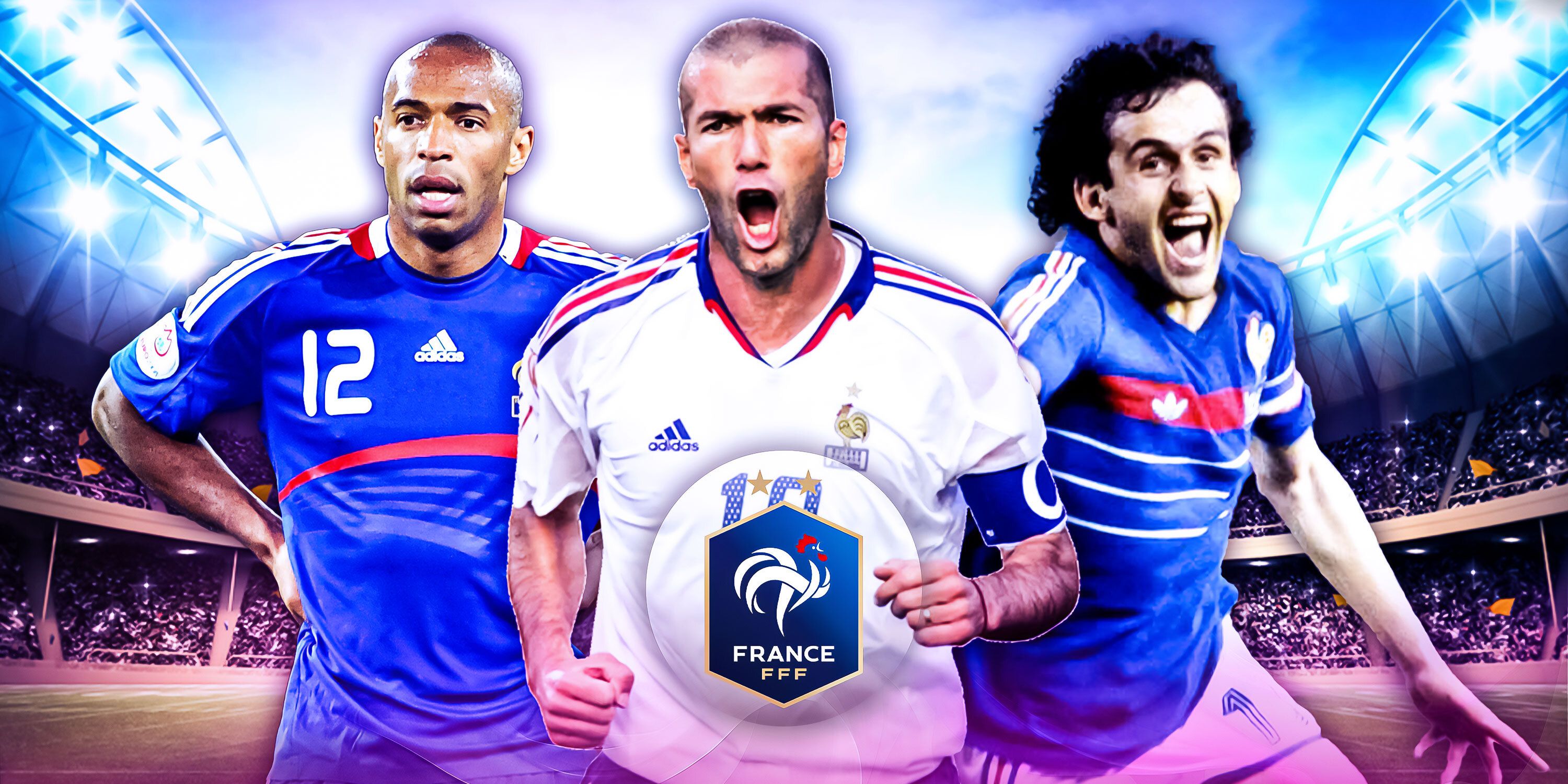 Zinedine Zidane, Michel Platini and Thierry Henry all in French kit with French football iconography