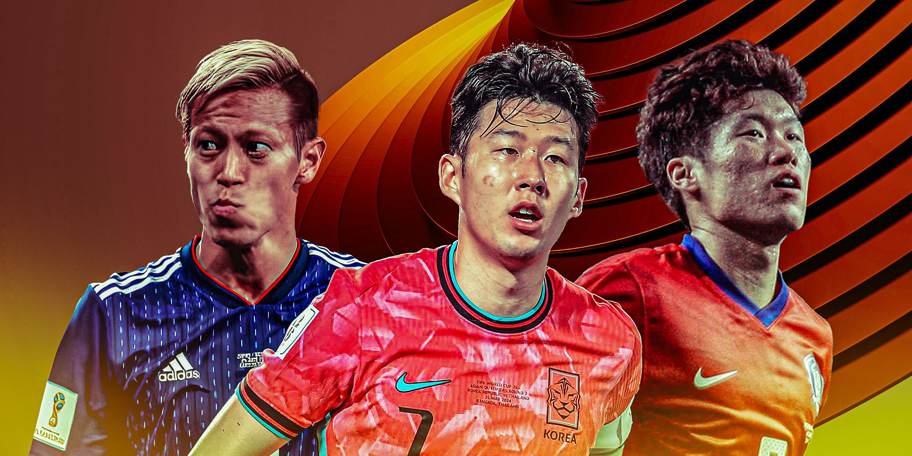 Son Heung-min (South Korea kit) in the middle with Keisuke Honda (Japan) and Park Ji-sung (South Korea) on either side