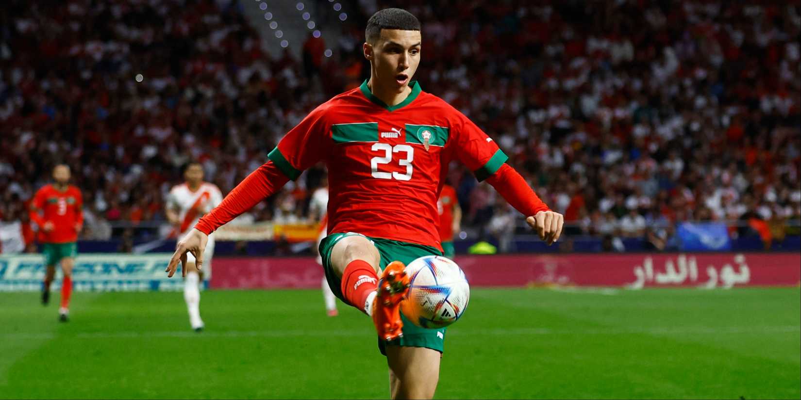 Bilal El Khannouss in action for Morocco. 