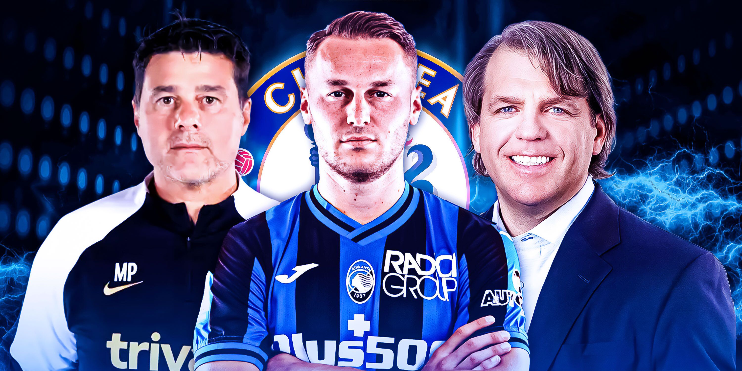 Chelsea boss Mauricio Pochettino, Atalanta attacking midfielder Teun Koopmeiners and Chelsea co-owner Todd Boehly