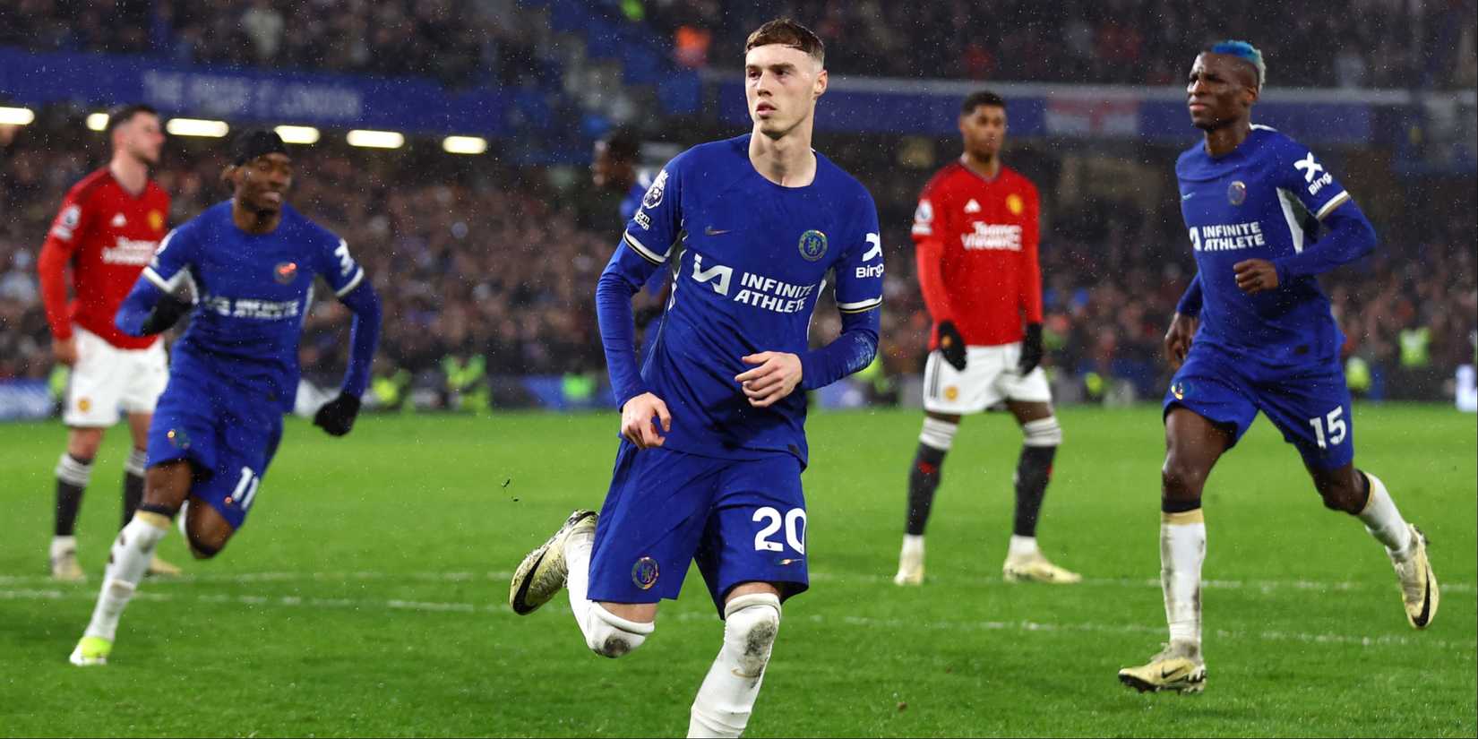 Chelsea's Cole Palmer celebrates scoring against Manchester United.