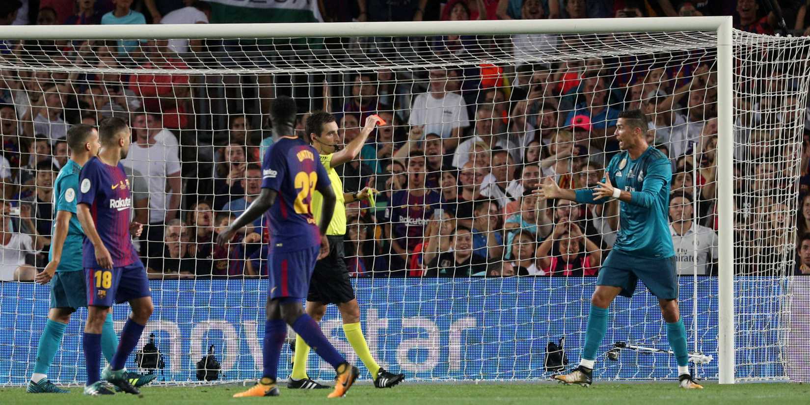Cristiano Ronaldo protesting his red card against Barcelona