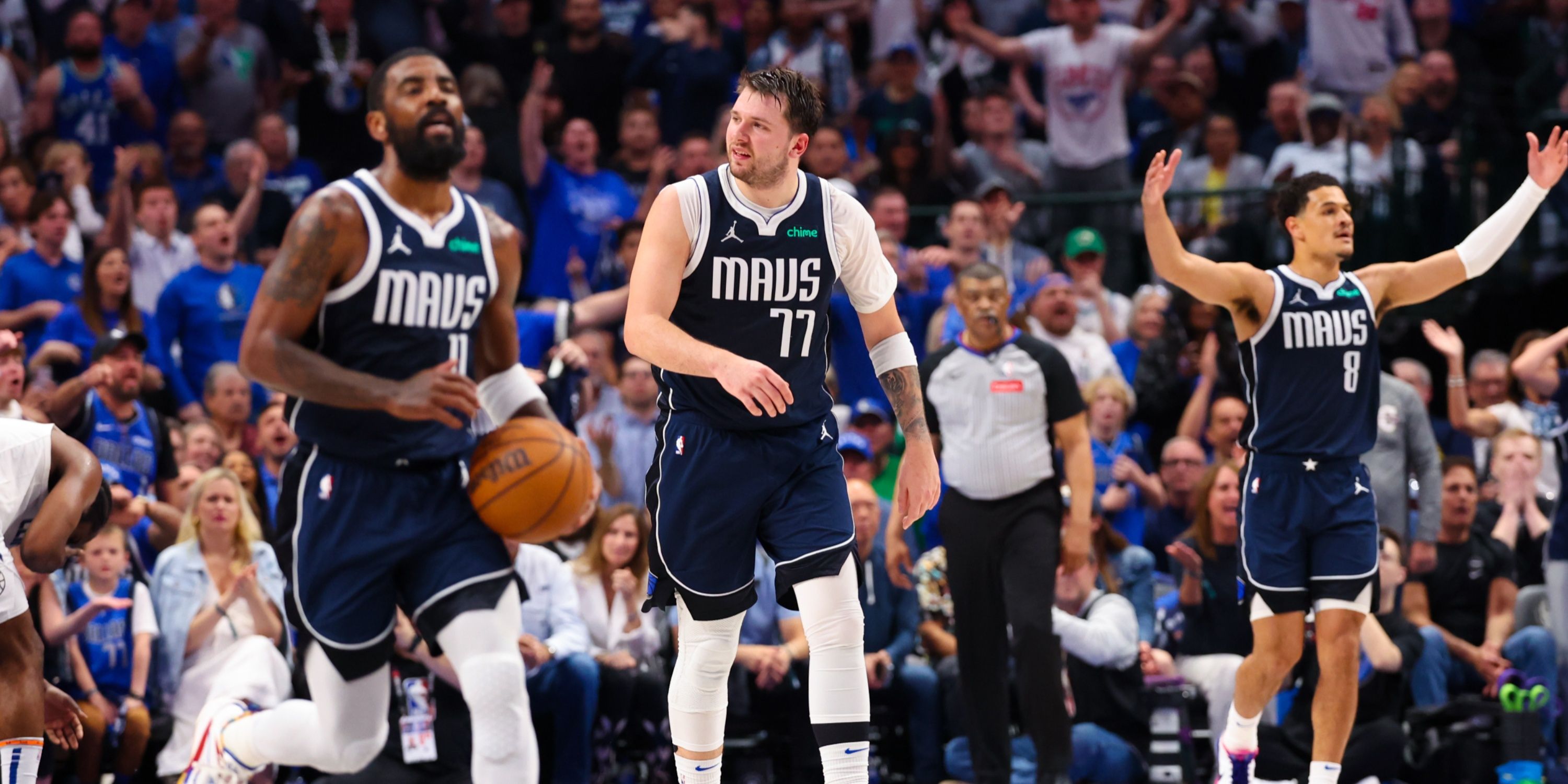 Dallas Mavericks' Kyrie Irving Luka Doncic and Josh Green