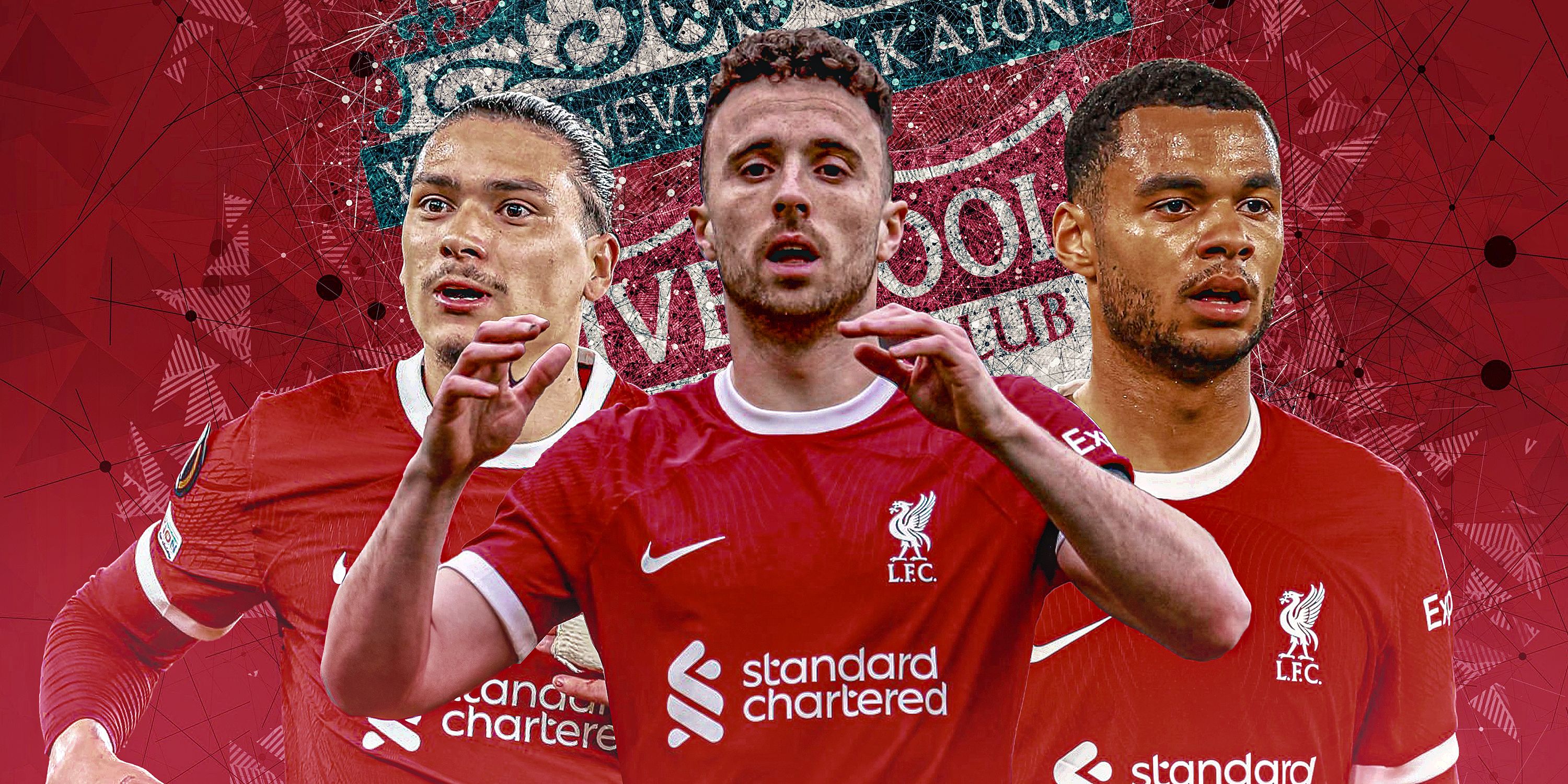 Cody Gakpo, Darwin Nunez,  Diogo Jota in Liverpool kit this season with Liverpool theme