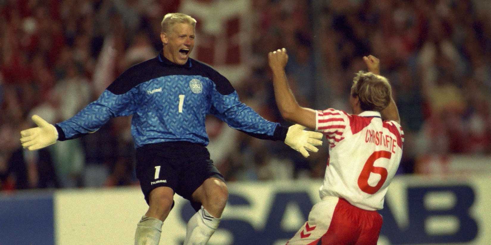 Denmark's Peter Schmeichel celebrating victory at Euro 1992