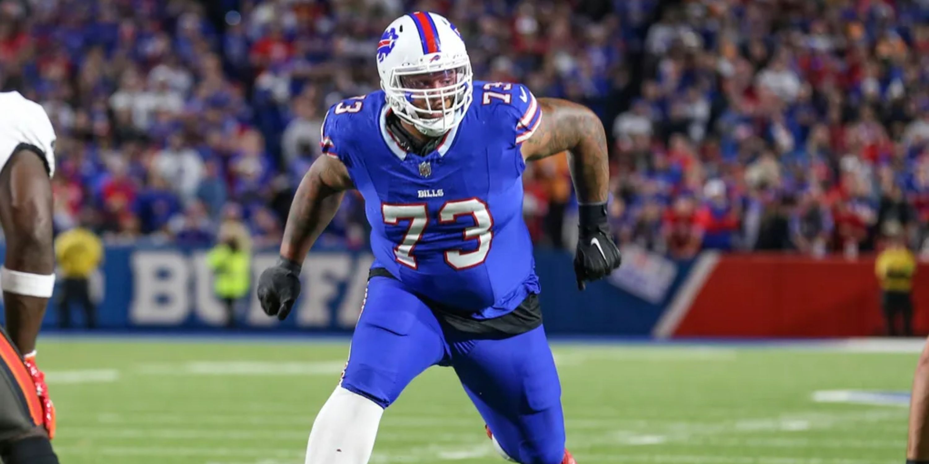 Buffalo Bills offensive tackle Dion Dawkins (73) in action during an NFL football game against the Tampa Bay Buccaneers, Thursday, Oct. 26, 2023, in Orchard Park, N.Y.