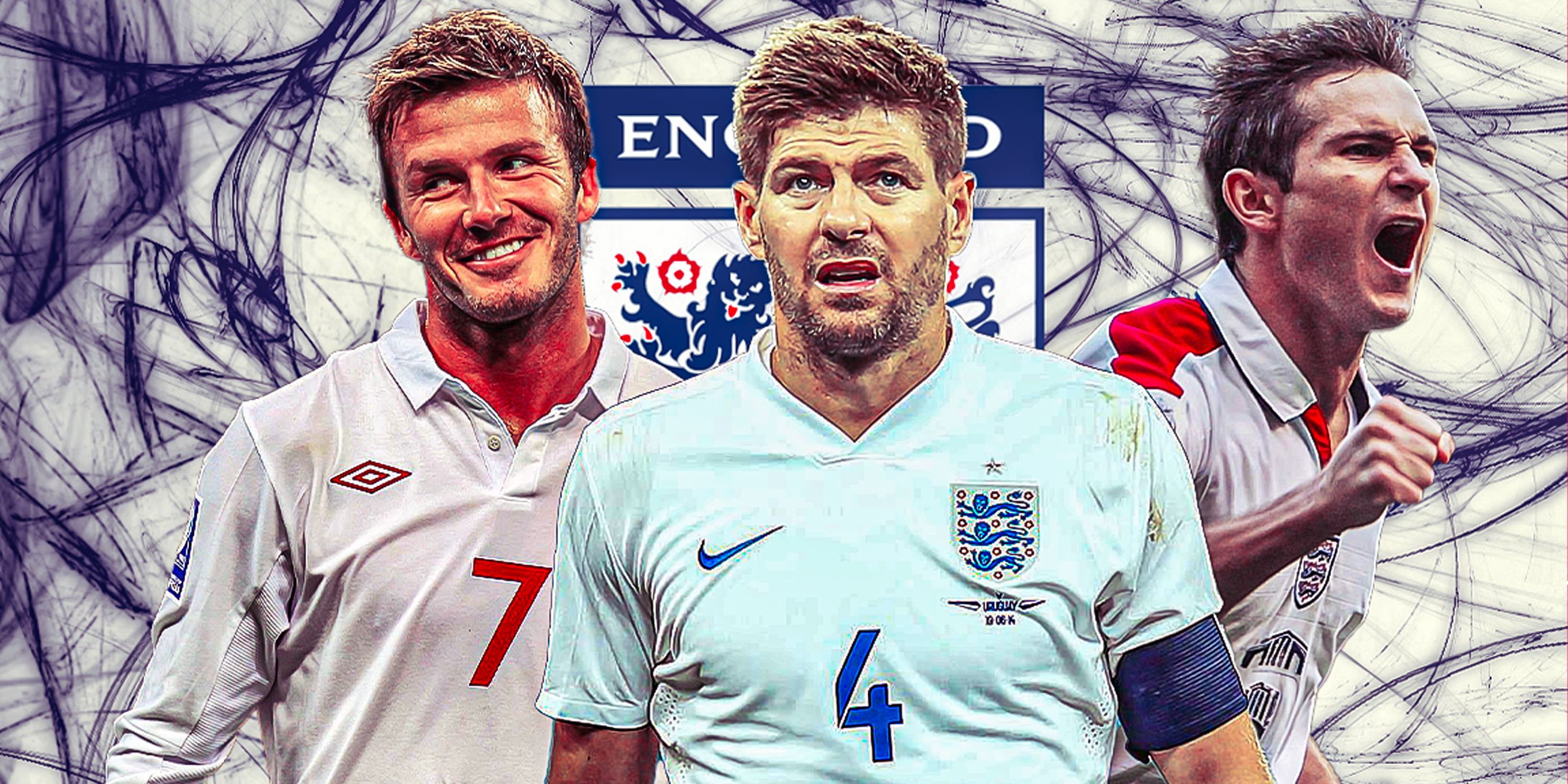 Steven Gerrard, Frank Lampard and David Beckham in England kit with England logo/theme