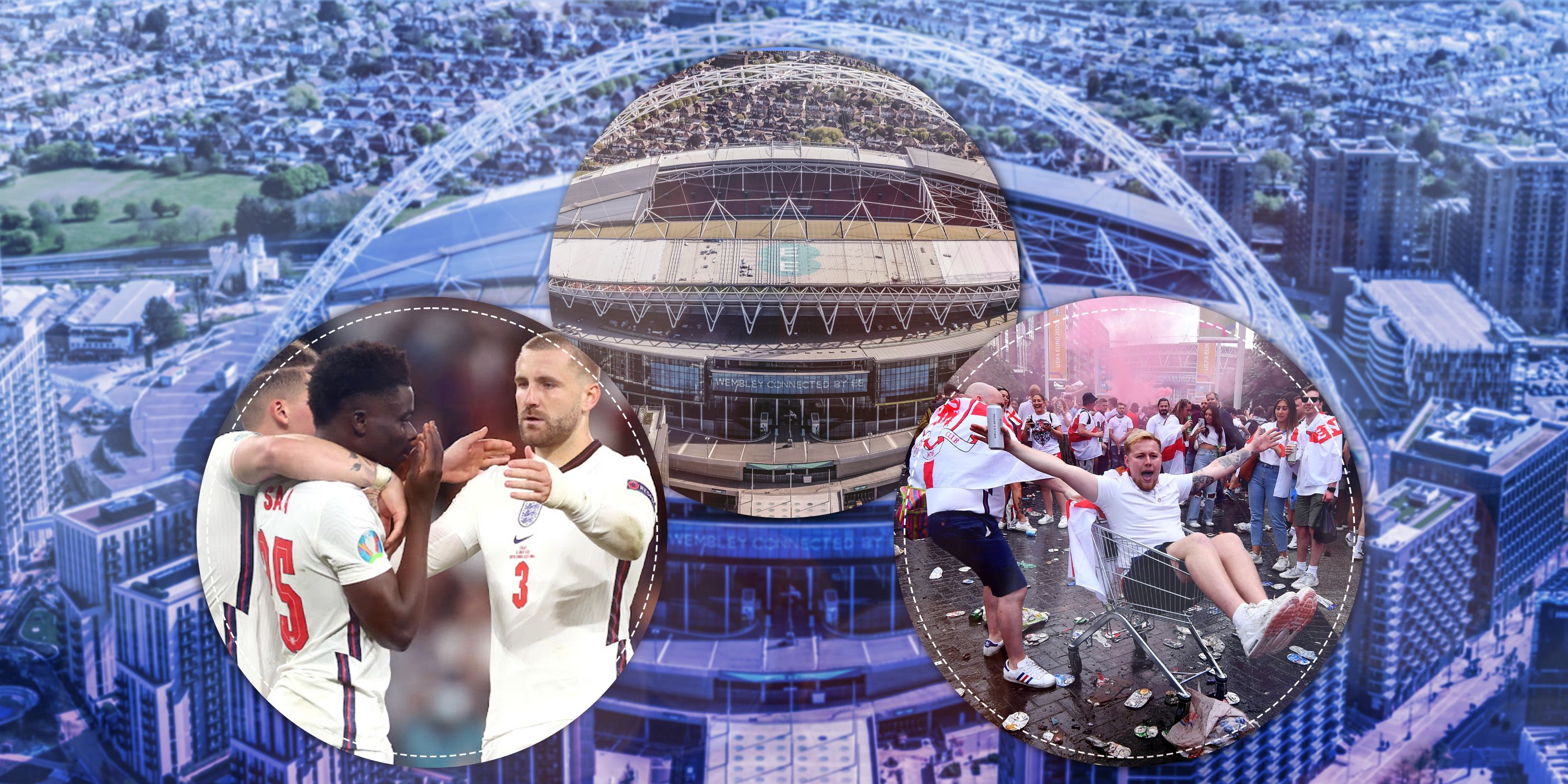 England players looking dejected with Wembley Stadium and England fans causing trouble.