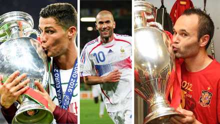 Cristiano Ronaldo in Portgual kit, Zinedine Zidane in France kit, Andres Iniesta in Spain kit