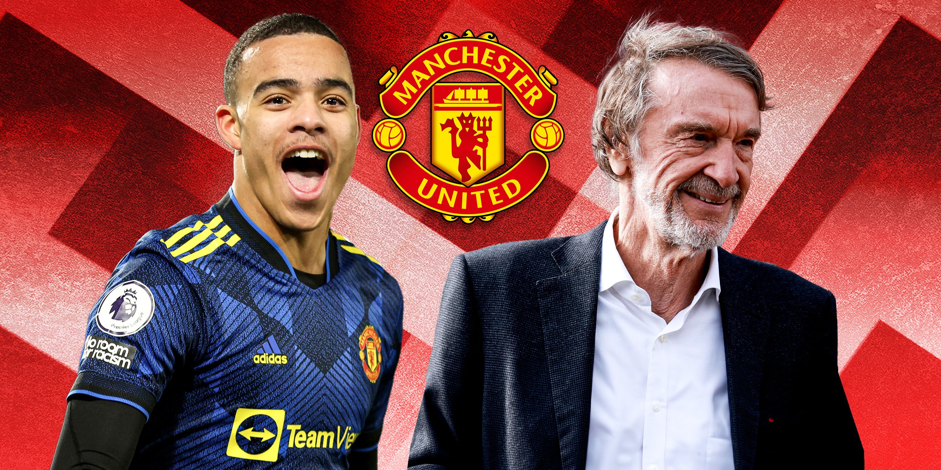 Manchester United winger Mason Greenwood celebrating and co-owner Sir Jim Ratcliffe
