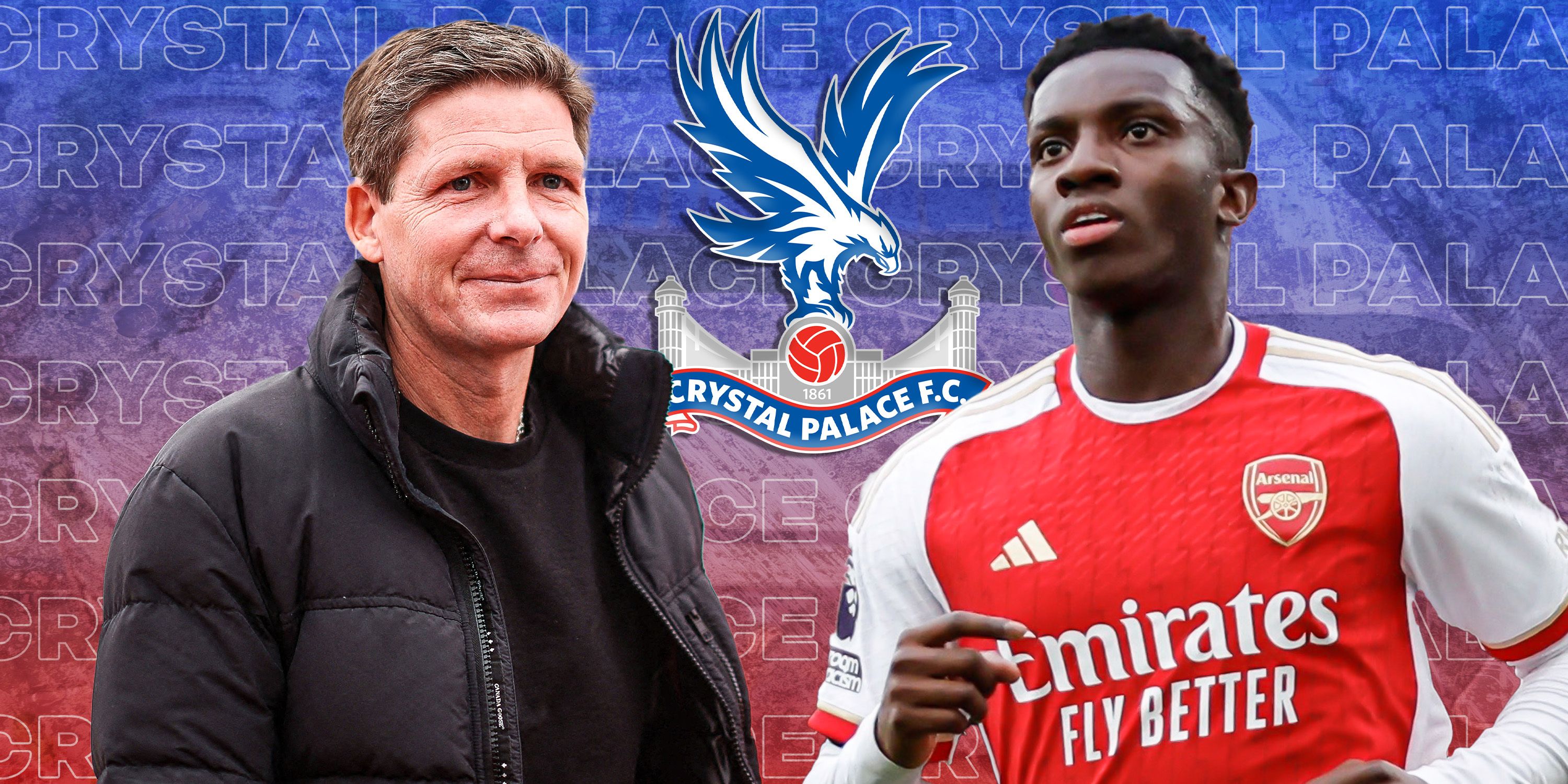 Oliver Glasner and Crystal Palace badge and theme with Eddie Nketiah