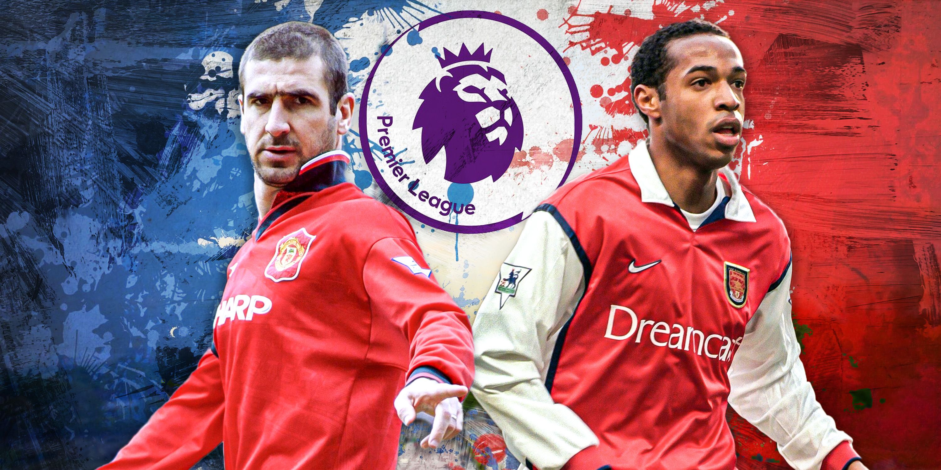Thierry Henry (Arsenal) and Eric Cantona (Man United) with French theme but Premier League logo -