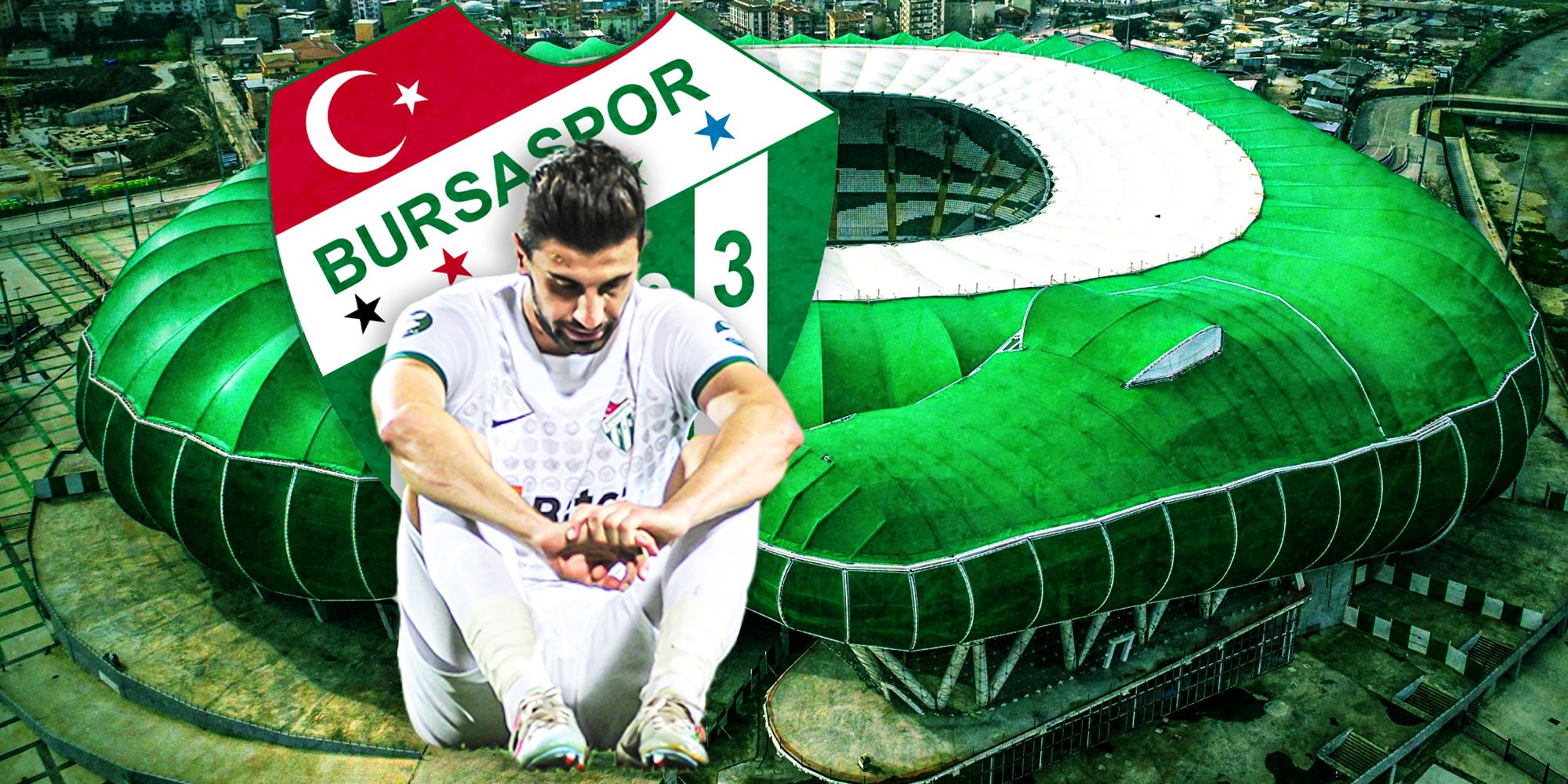 Image of Bursaspor crocodile stadium with club logo and a player looking sad