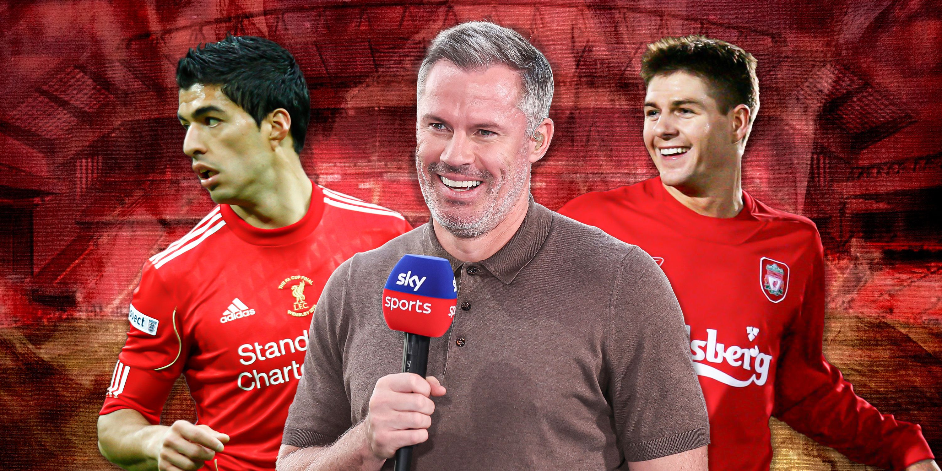 Jamie Carragher and on either side Luis Suarez and Steven Gerrard in Liverpool kit