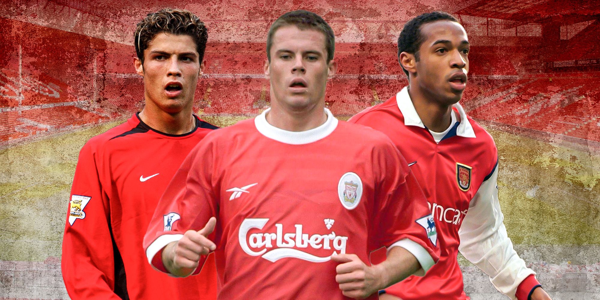 Jamie Carragher in Liverpool kit  on either side, Thierry Henry (Arsenal), Cristiano Ronaldo (Manchester United)