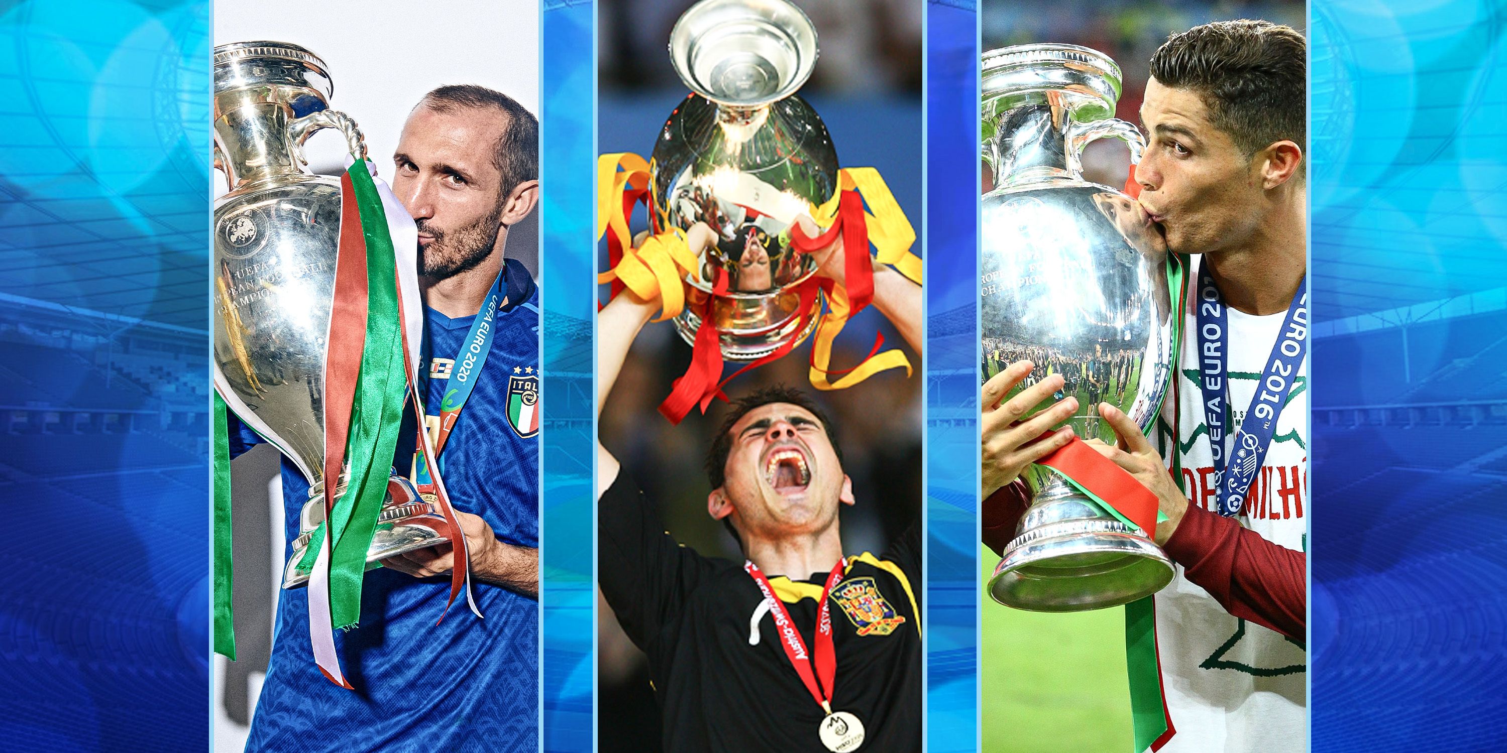 A composite image of European Championship winners Giorgio Chiellini, Iker Casillas and Cristiano Ronaldo