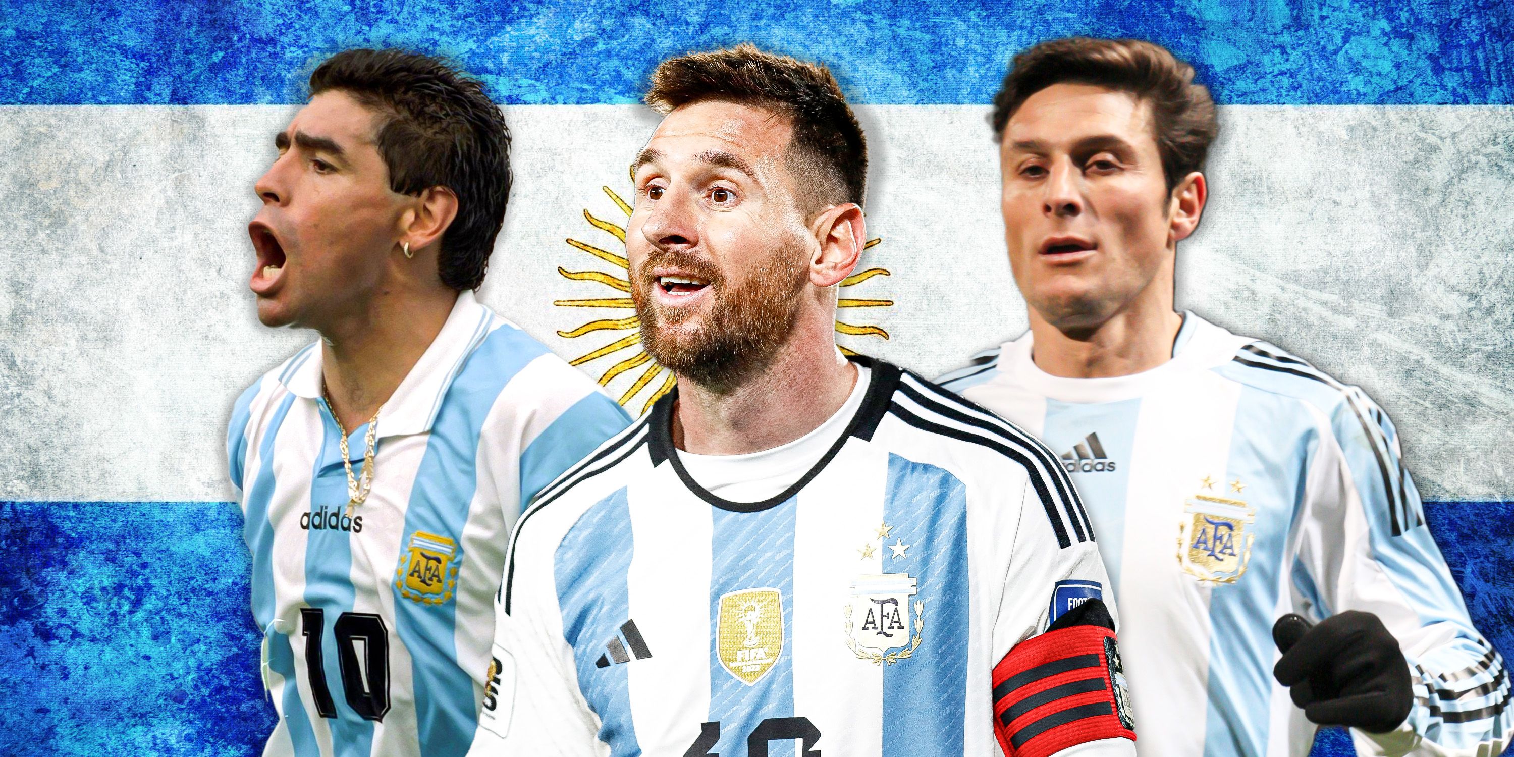 Lionel Messi on either side Diego Maradona and Javier Zanetti all in Argentina kit