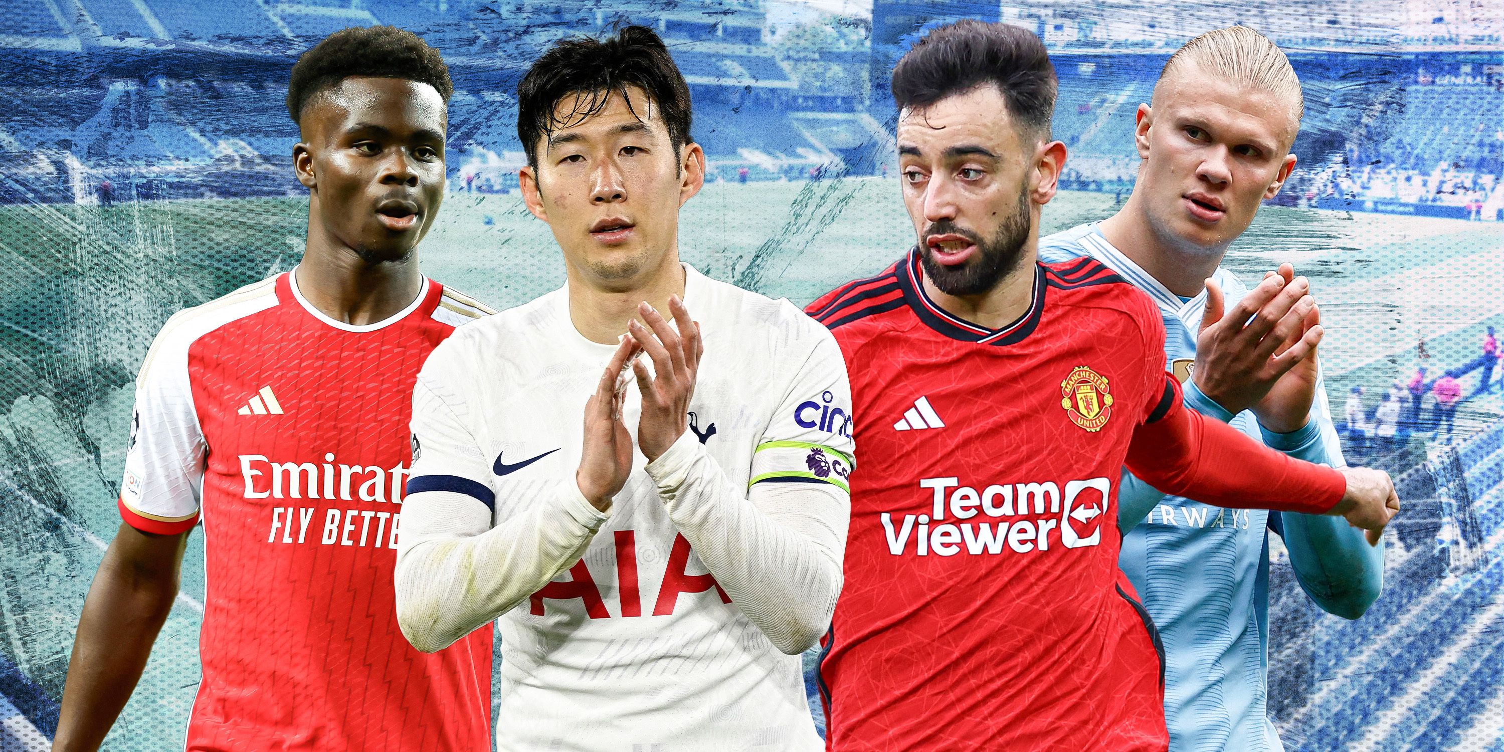 A custom image of Arsenal's Bukayo Saka, Tottenham's Son Heung-min, Manchester United's Bruno Fernandes and Manchester City's Erling Haaland