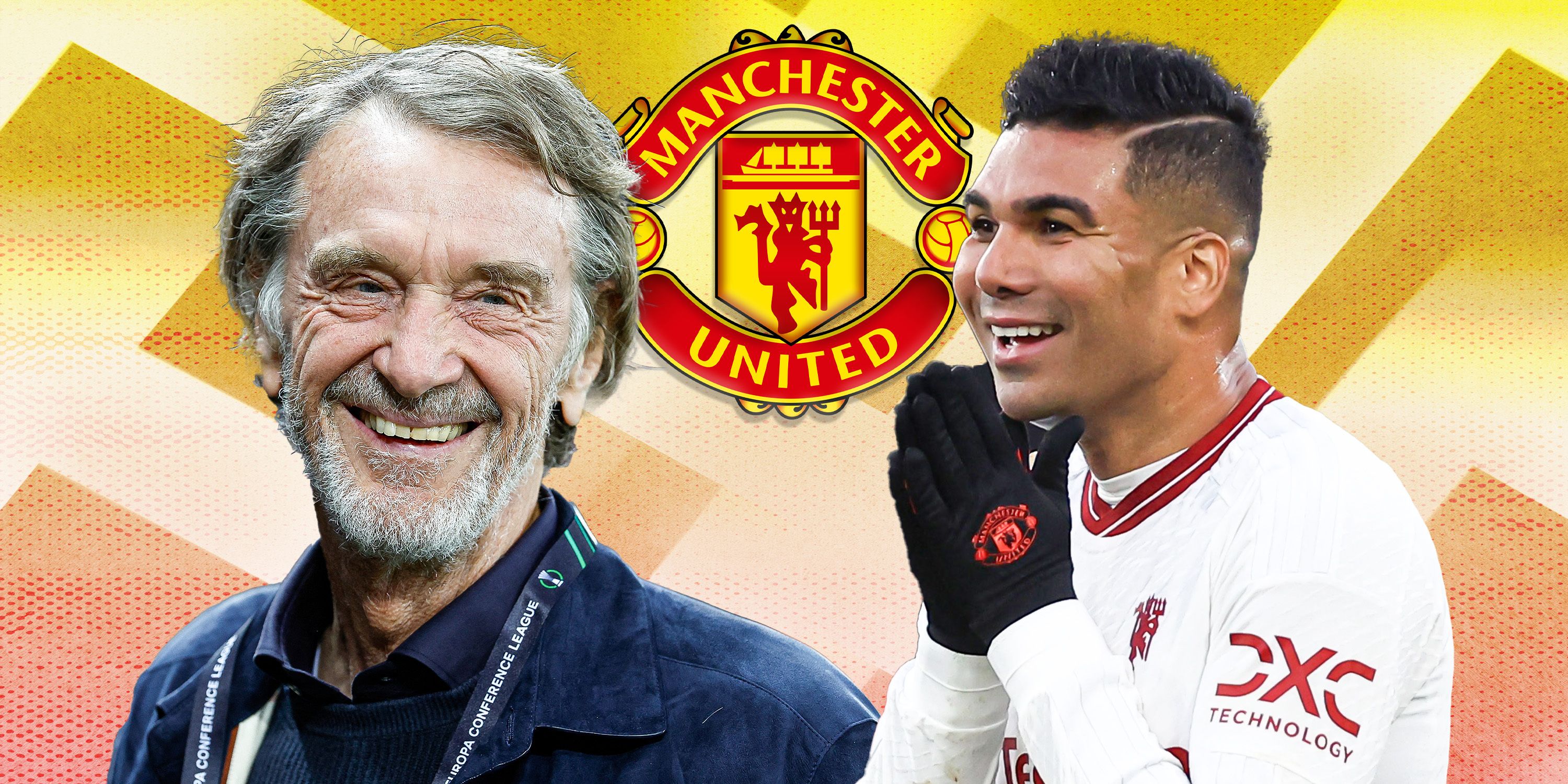 Sir Jim Ratcliffe and Man Utd badge and theme with Casemiro