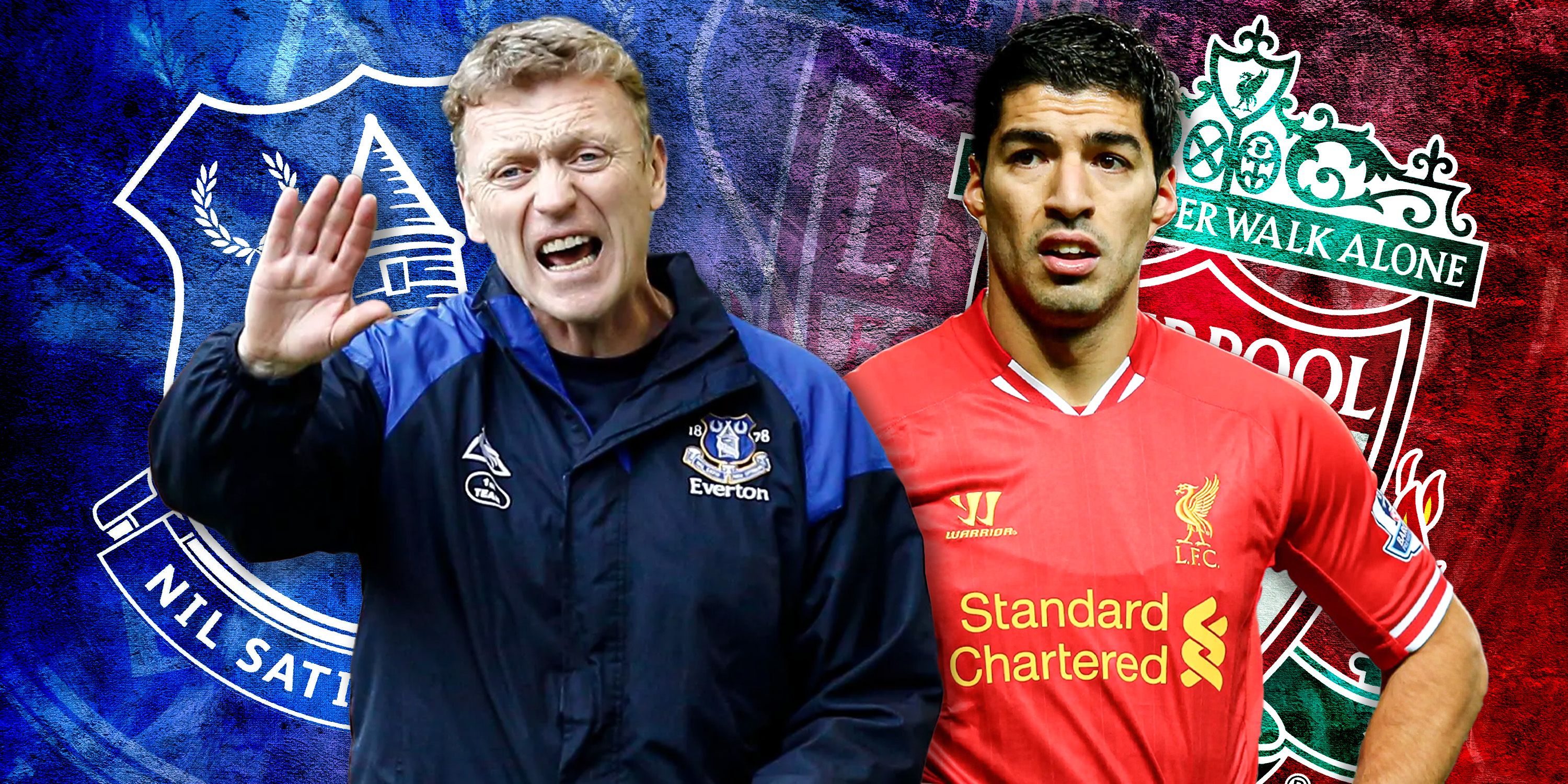 A composite image of David Moyes as Everton manager opposite Liverpool's Luis Suarez