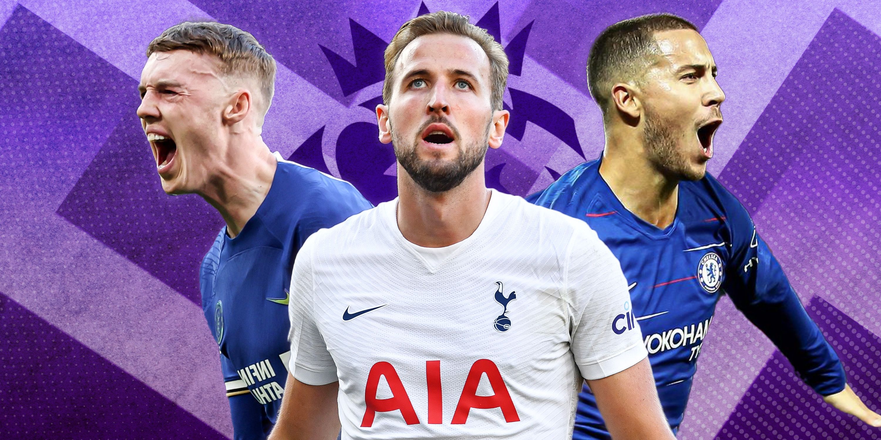 Cole Palmer, Harry Kane and Eden Hazard in front of Premier League badge