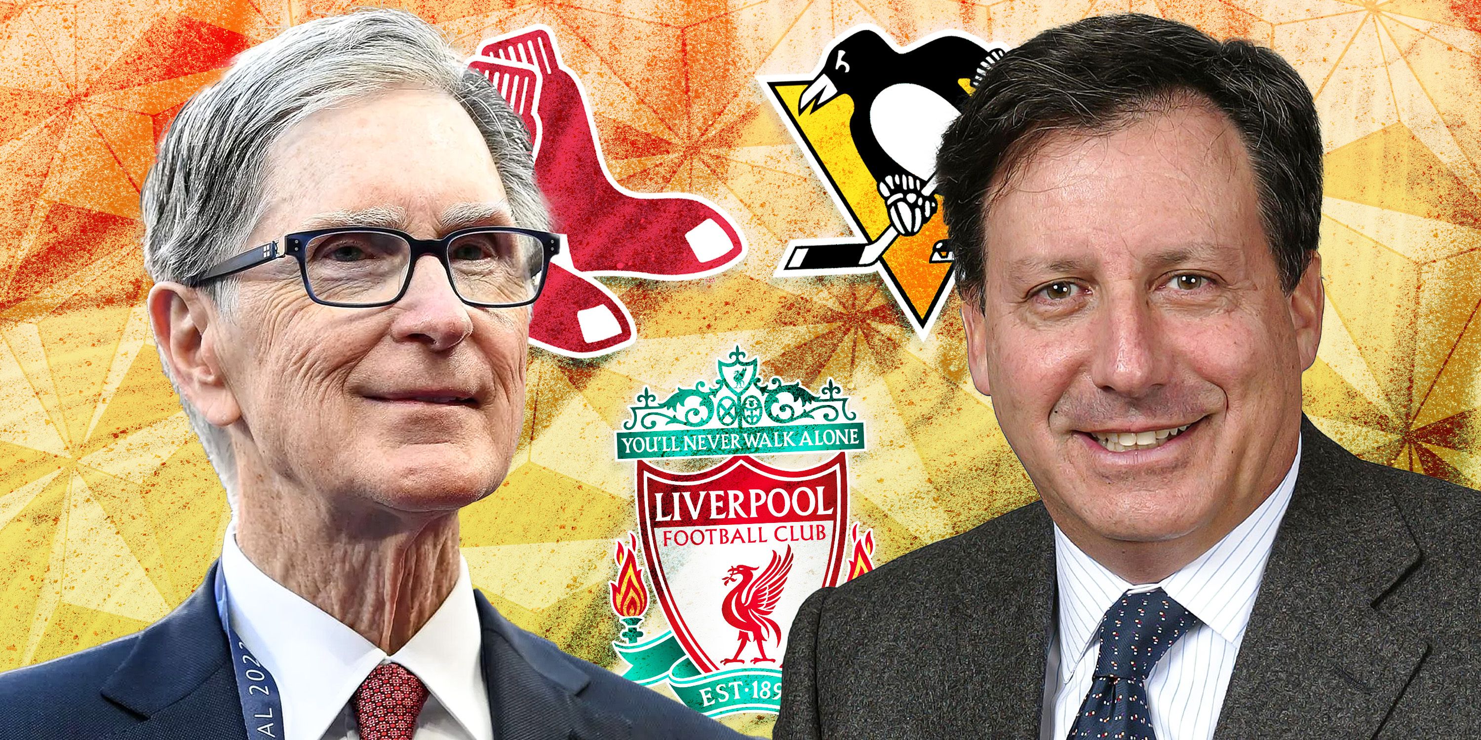 Custom image of FSG chiefs John W. Henry and Tom Werner in front of the club badges that they control