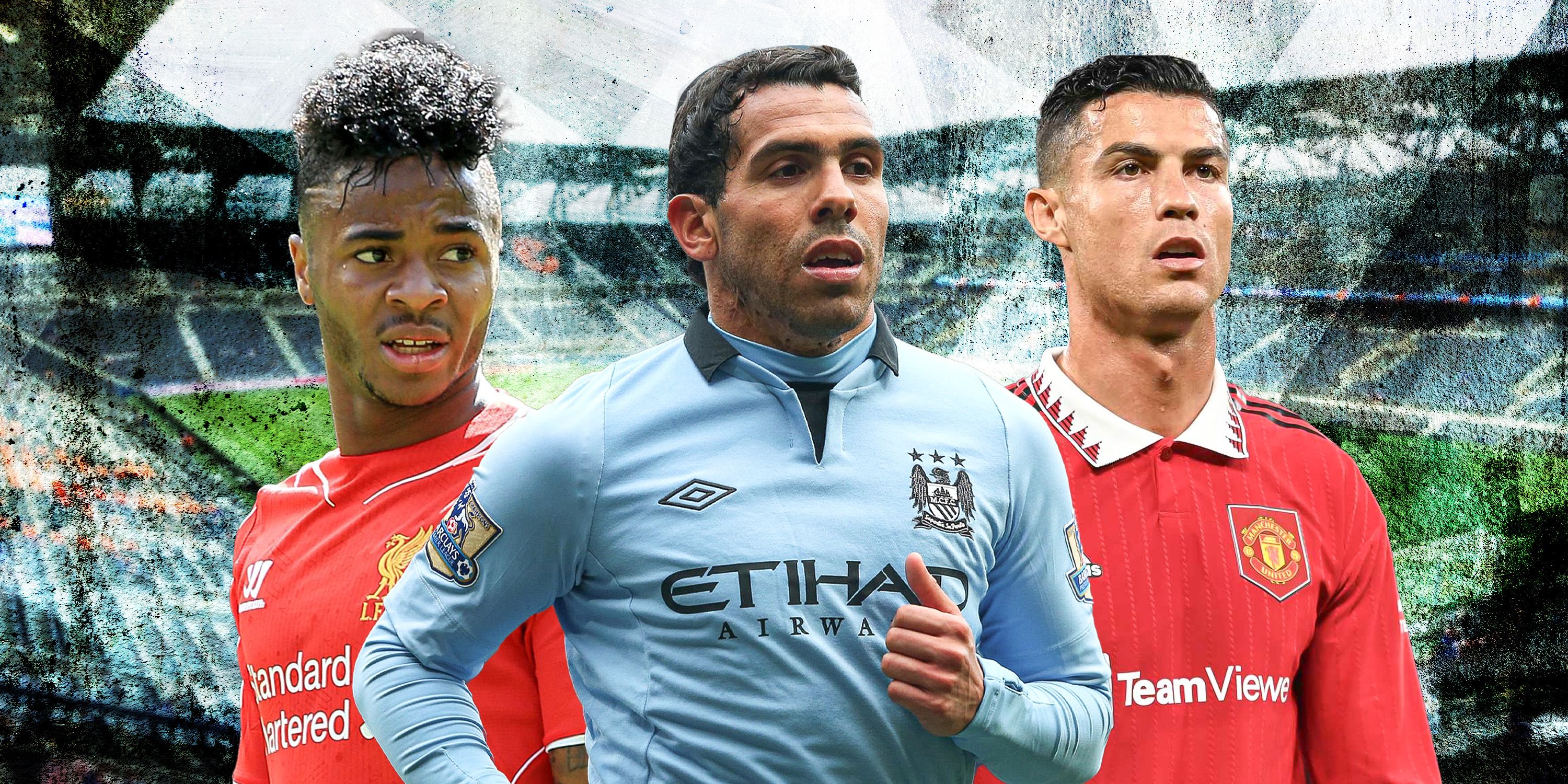 Liverpool's Raheem Sterling, Manchester City's Carlos Tevez, and Manchester United's Cristiano Ronaldo.